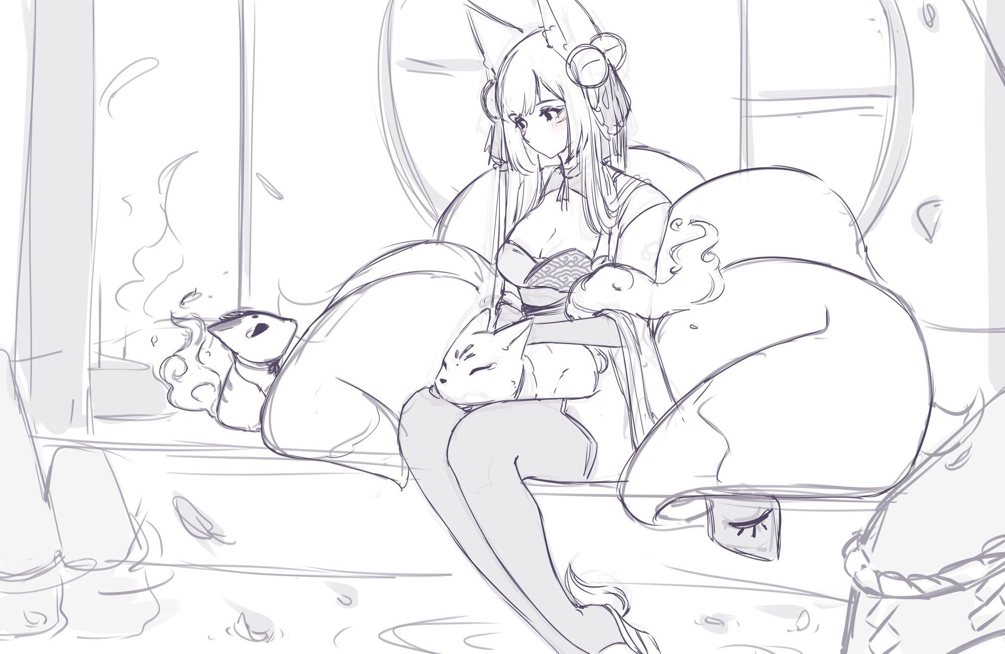 Sketch of Hanano sitting with a fox on her lap and looking to another fox. The background is inspired in traditional japanese aesthetic