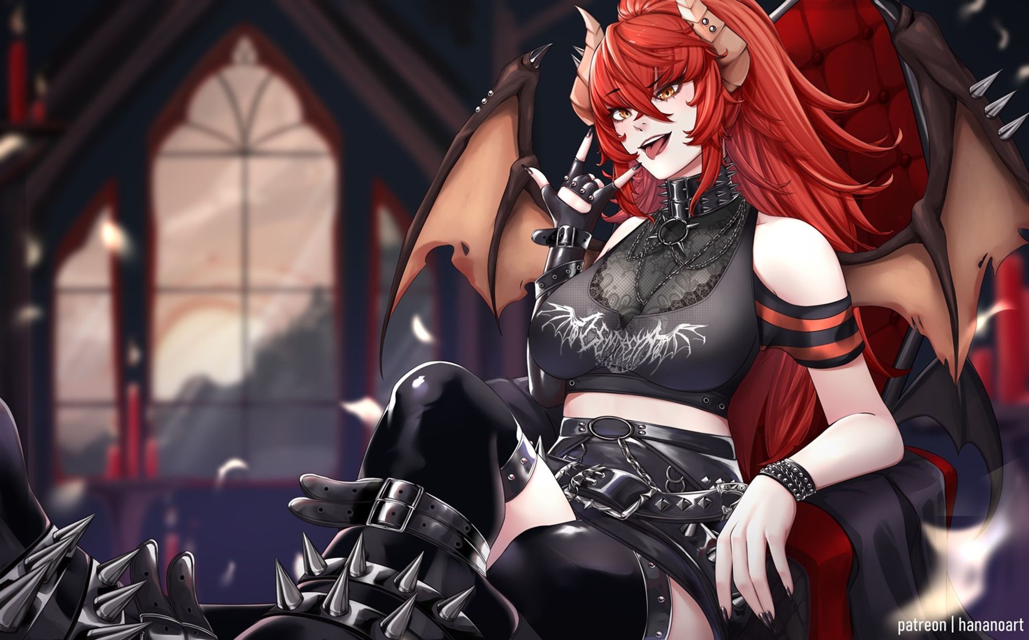 The vtuber Zentreya in dragon form's second design, this outfit was designed by Nanoless. She's sitting in a chair making the rock sign.