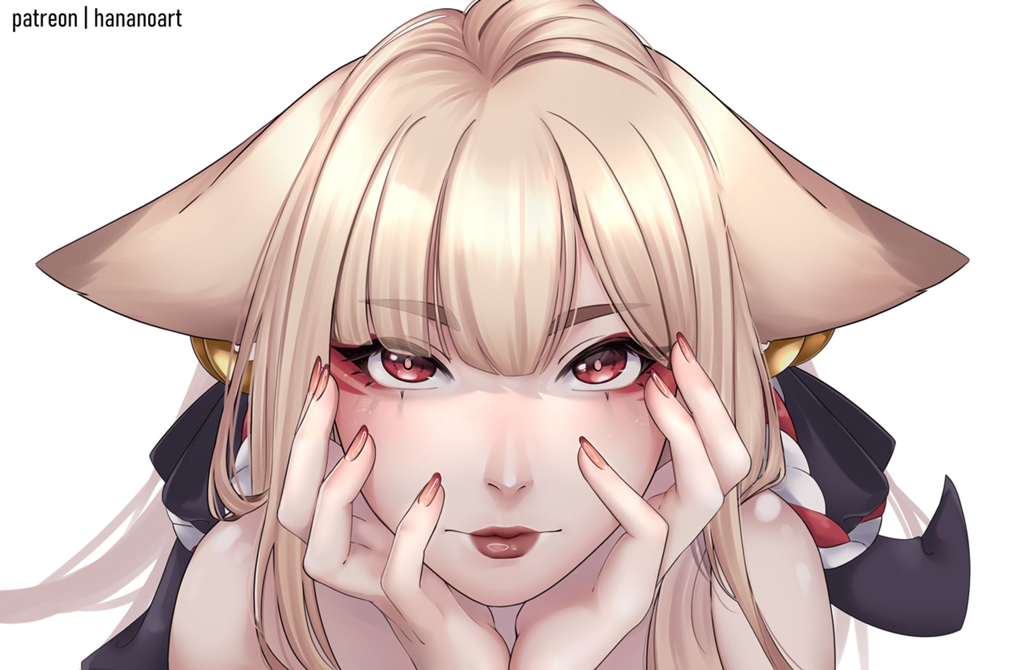 Headshot of my OC Hanano, she's a blonde kitsune and she's laying her chin on both hands