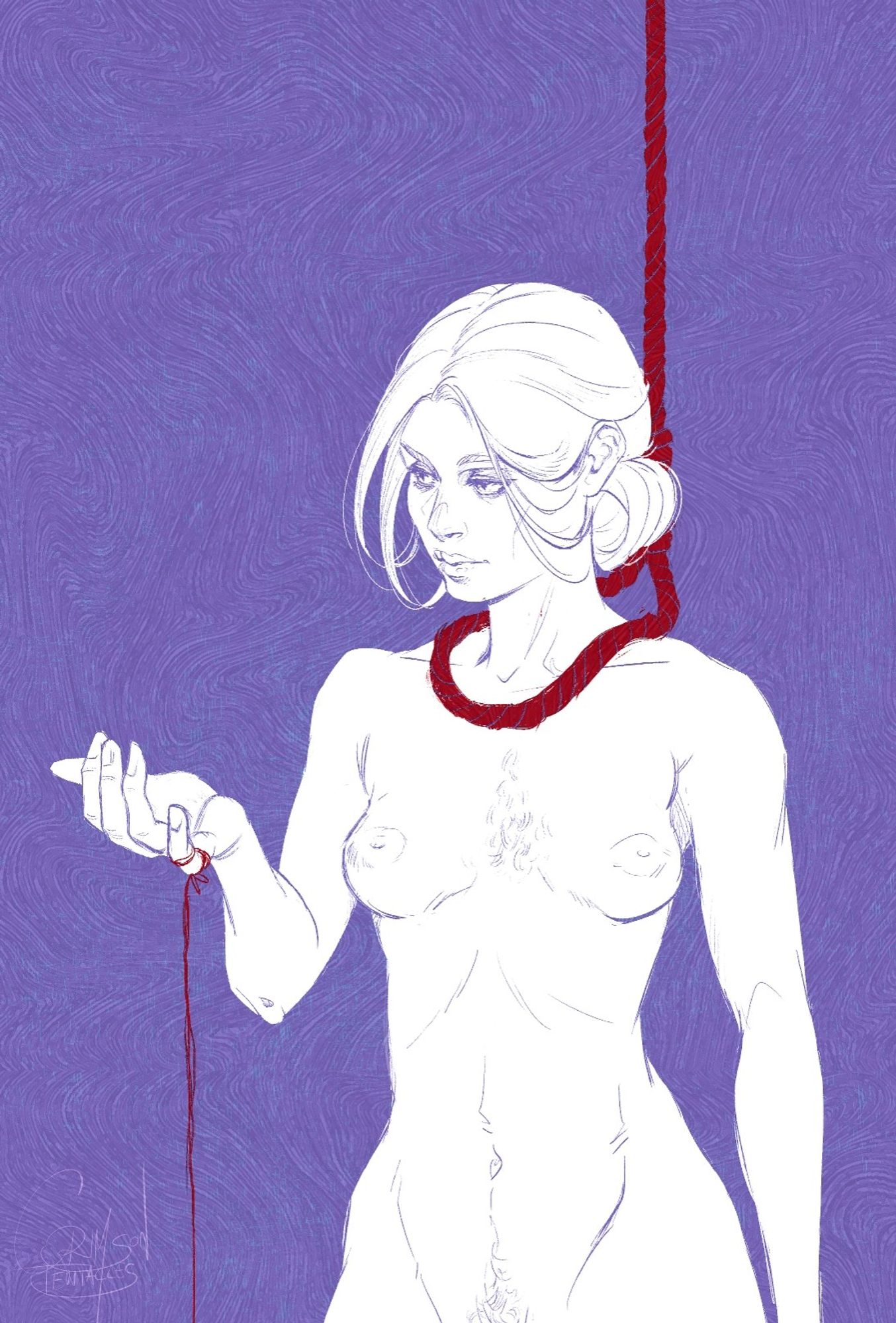 A digital drawing of a white blonde woman on a purple background. She is looking at her hand, where a Red String of Fate is tied to her finger. A noose around her neck has the exact same shade of red. #art