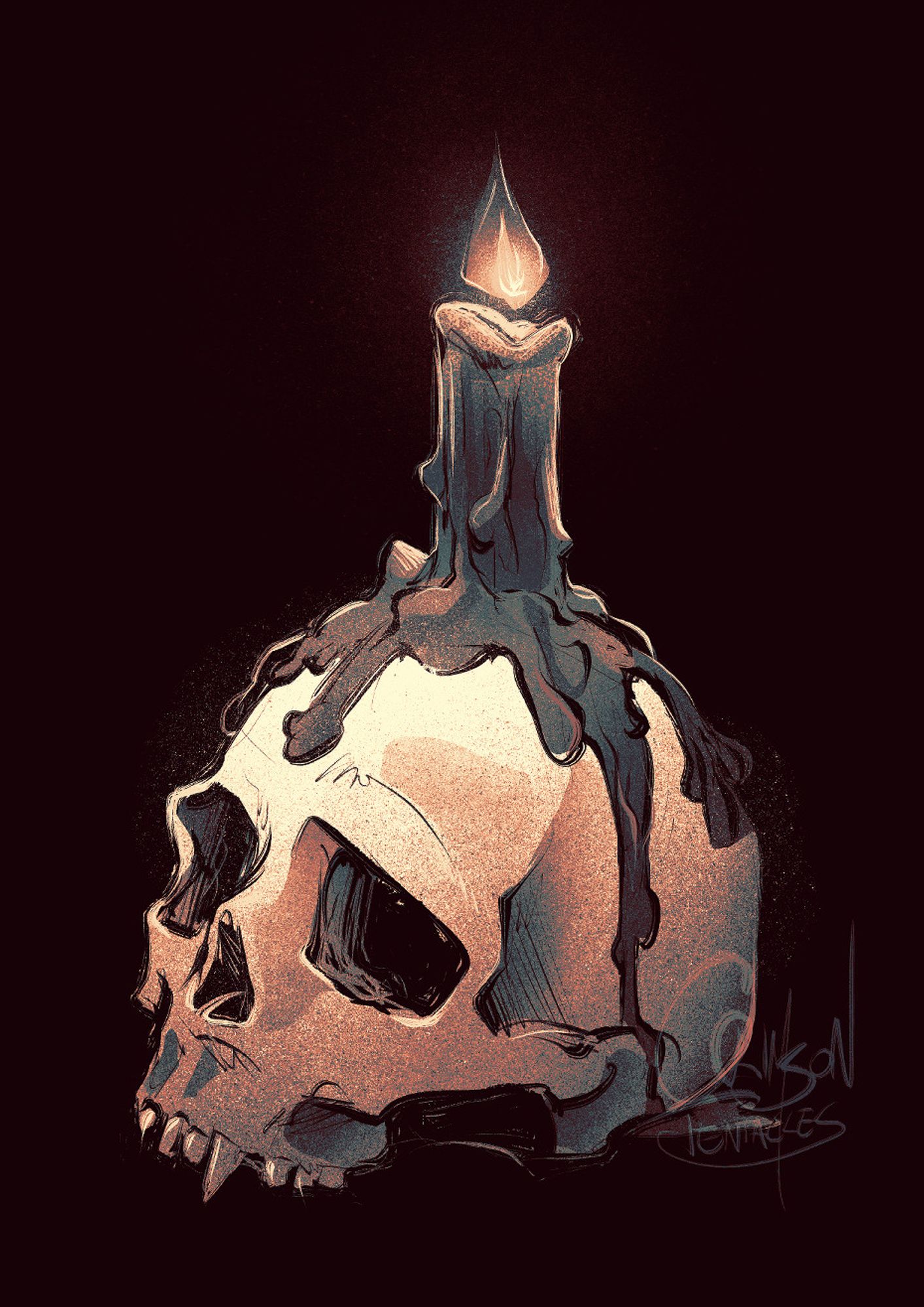 A digital drawing of a human skull with a wax dripping candle stuck on top of it #art #inktober2024