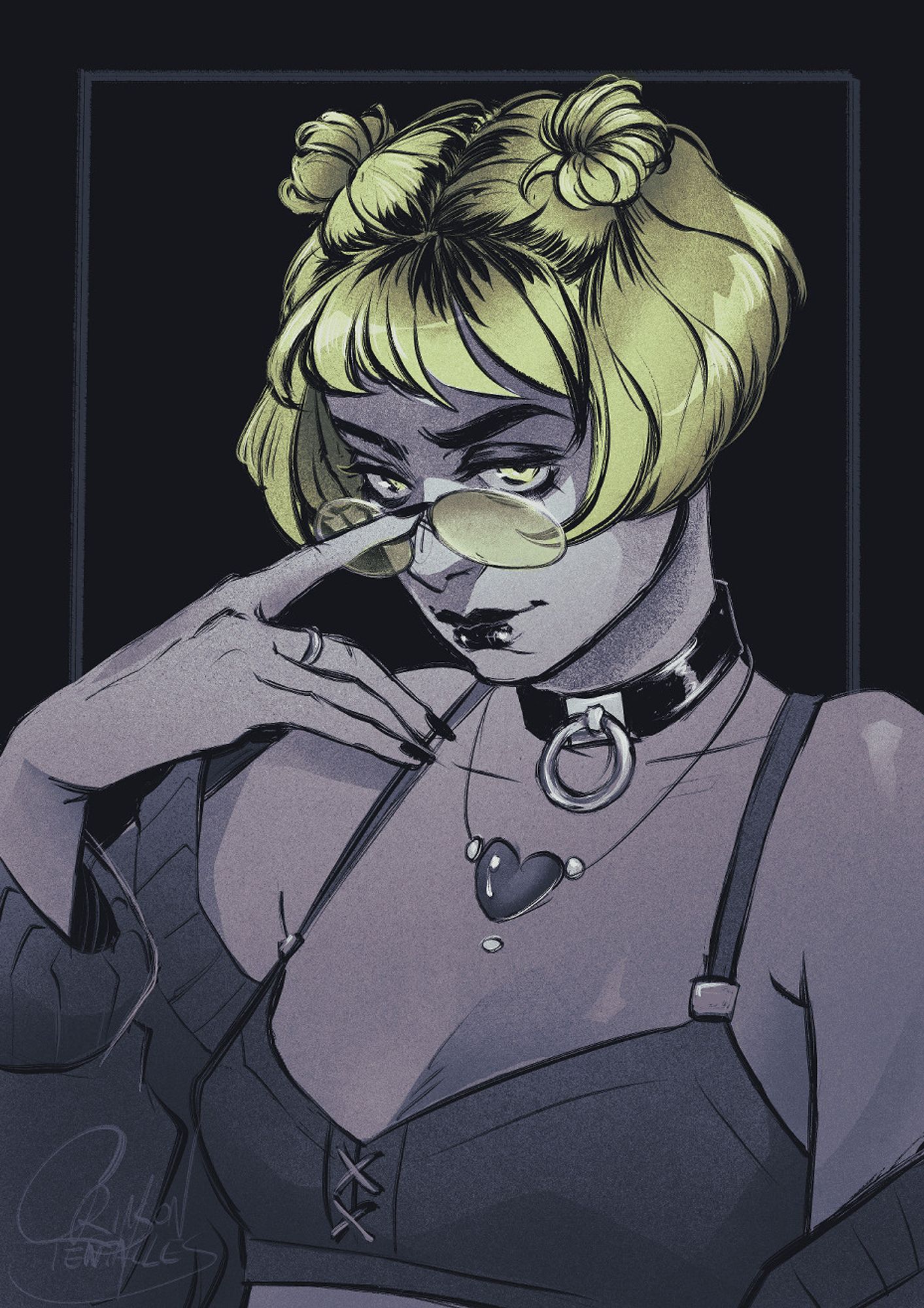 digital portrait of a girl with highlighter-yellow hair and glasses, looking at the viewer with sultry eyes #art #inktober2024