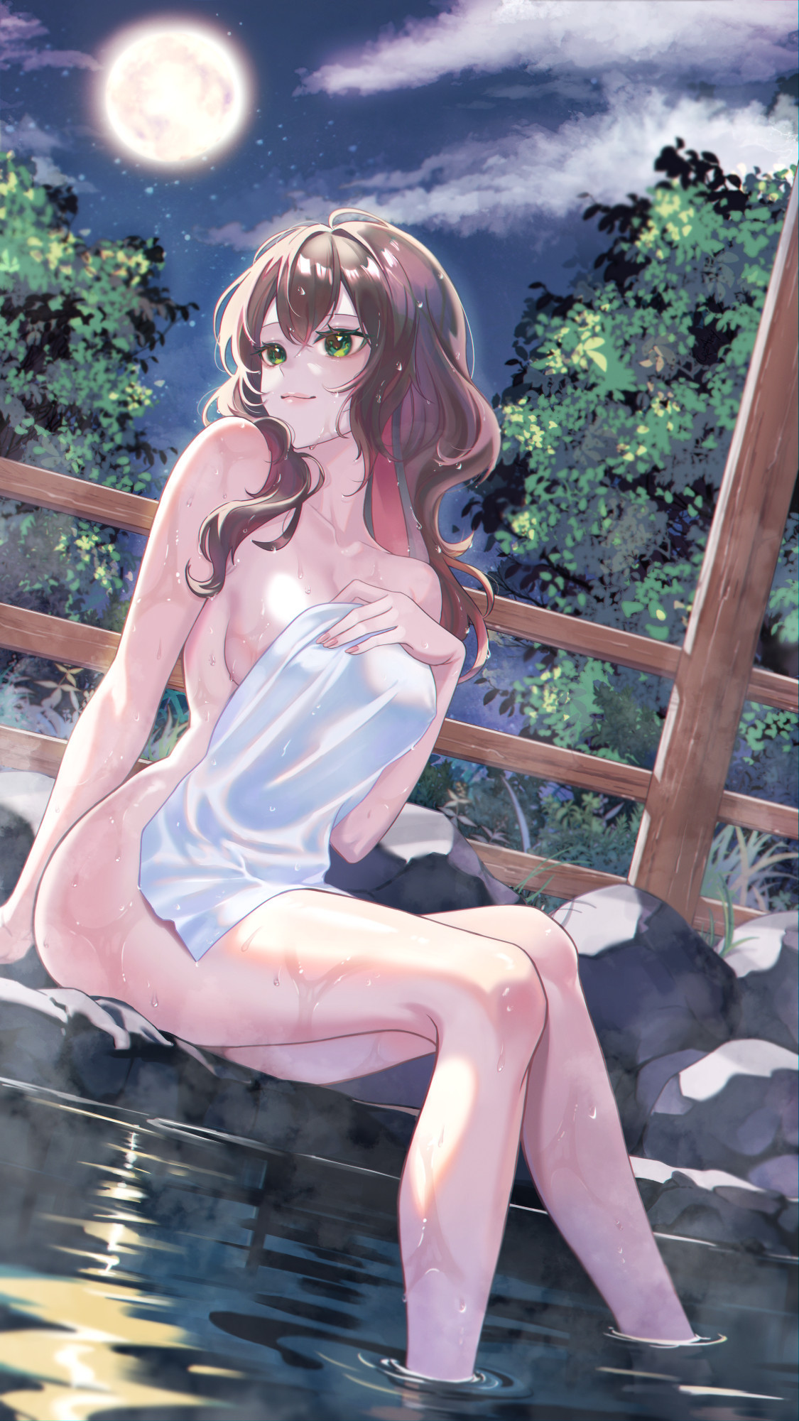 Artwork by MisterCreamy on VGen & Twitter. Maevyn sits on the edge of a hot spring, feet dipped in the water as she holds a towel draped over her torso so nothing can be seen but her legs & the side of her body. The full moon shines down on her, illuminating her pale skin.