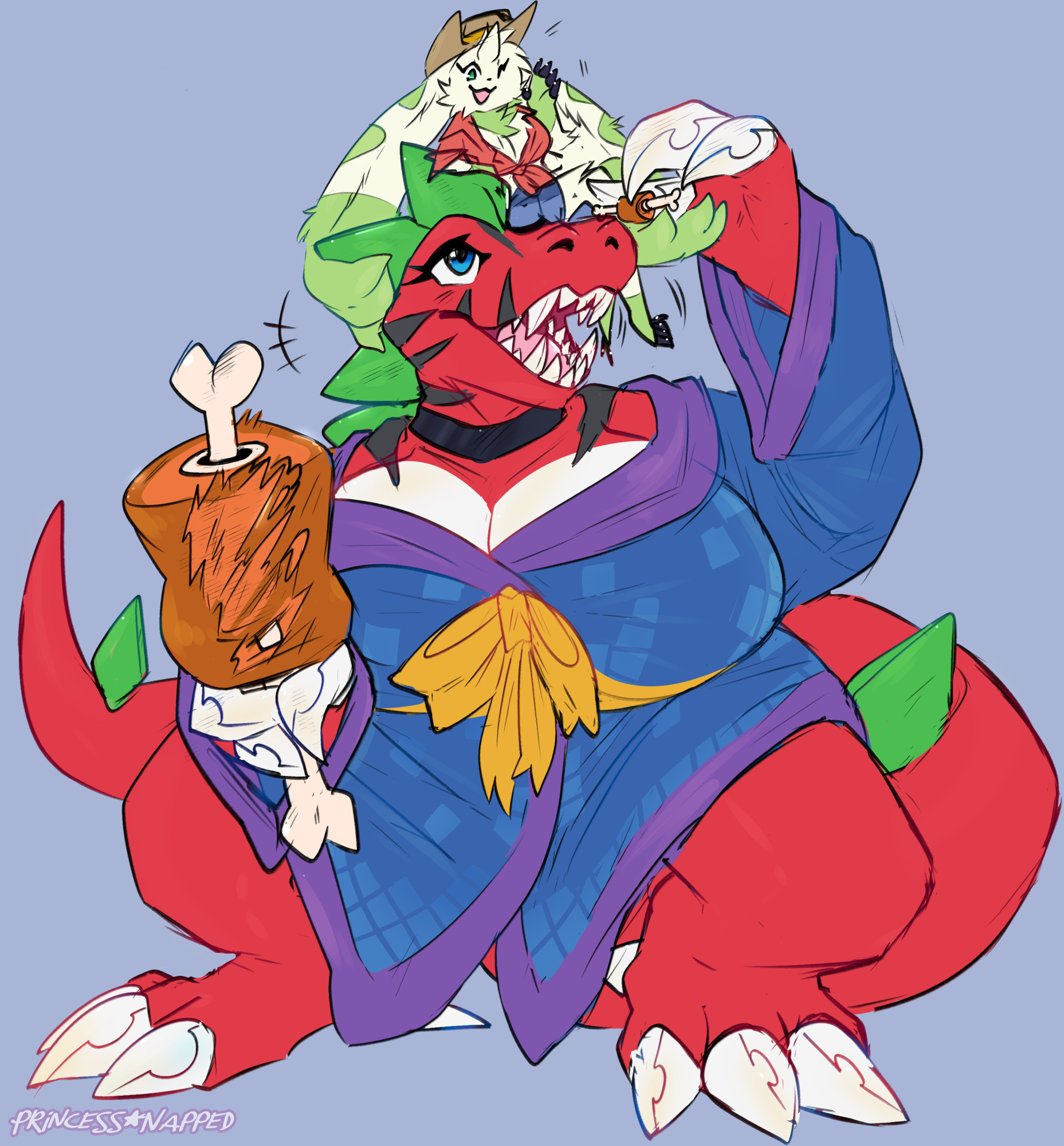 A Tyrannomon (a large red dinosaur from Digimon) woman is kneeling/"sitting" with a large piece of meat in one hand. She is wearing a blue-and-purple outfit with a yellow ribbon. 

Her other hand is raised, offering a much smaller piece of meat to a Terriermon (a white with green markings canine who looks somewhat bunny-like from digimon) woman who is sitting on the dinosaur woman's head. 

The Terriermon woman is dressed in a "cowgirl" outfit, and is reclining casually on one of the Tyranomon woman's head spikes as she accepts the digimeat with one of her long ears.