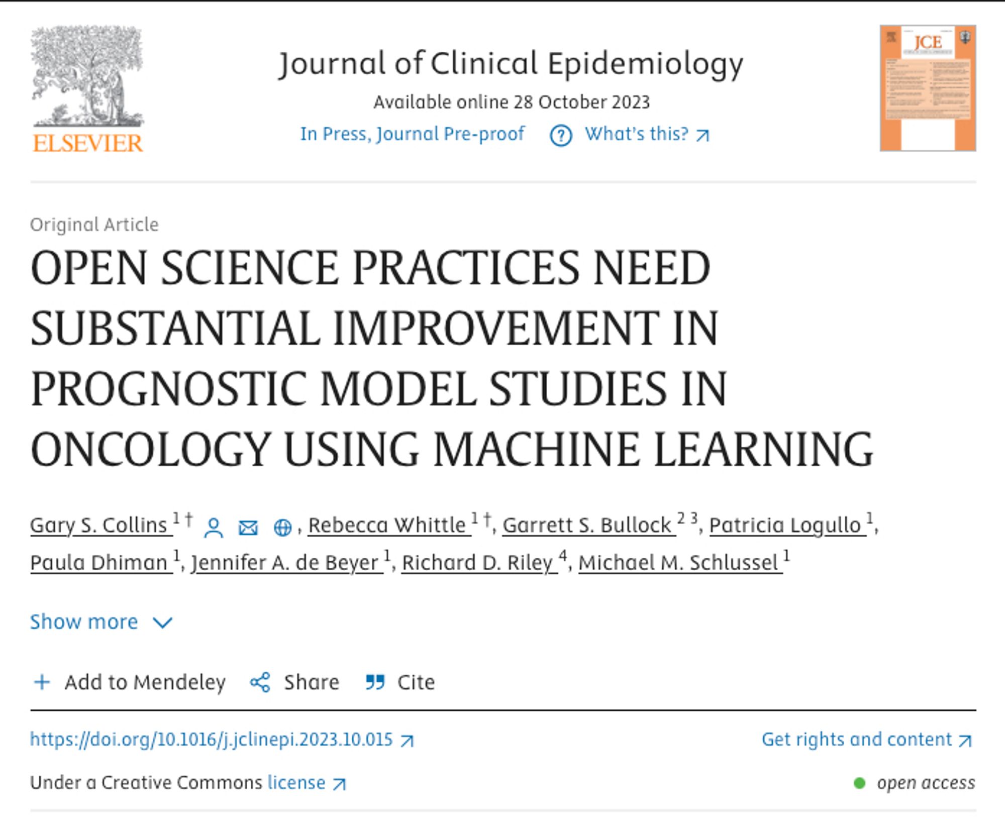 Open science practices need substantial improvement in prognostic models in oncology using machine learning