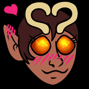 An emoji of a female elf with large amber pupilless eyes that sparkle and yellow antennae. She is blushing and her antennae form a heart shape