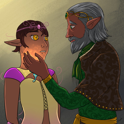 A female elven figure stands with a shocked expression on the left, while an older male elven figure brings a hand up to her cheek, casting a soft light of magic. The male elf has a sad expression as he does so. 