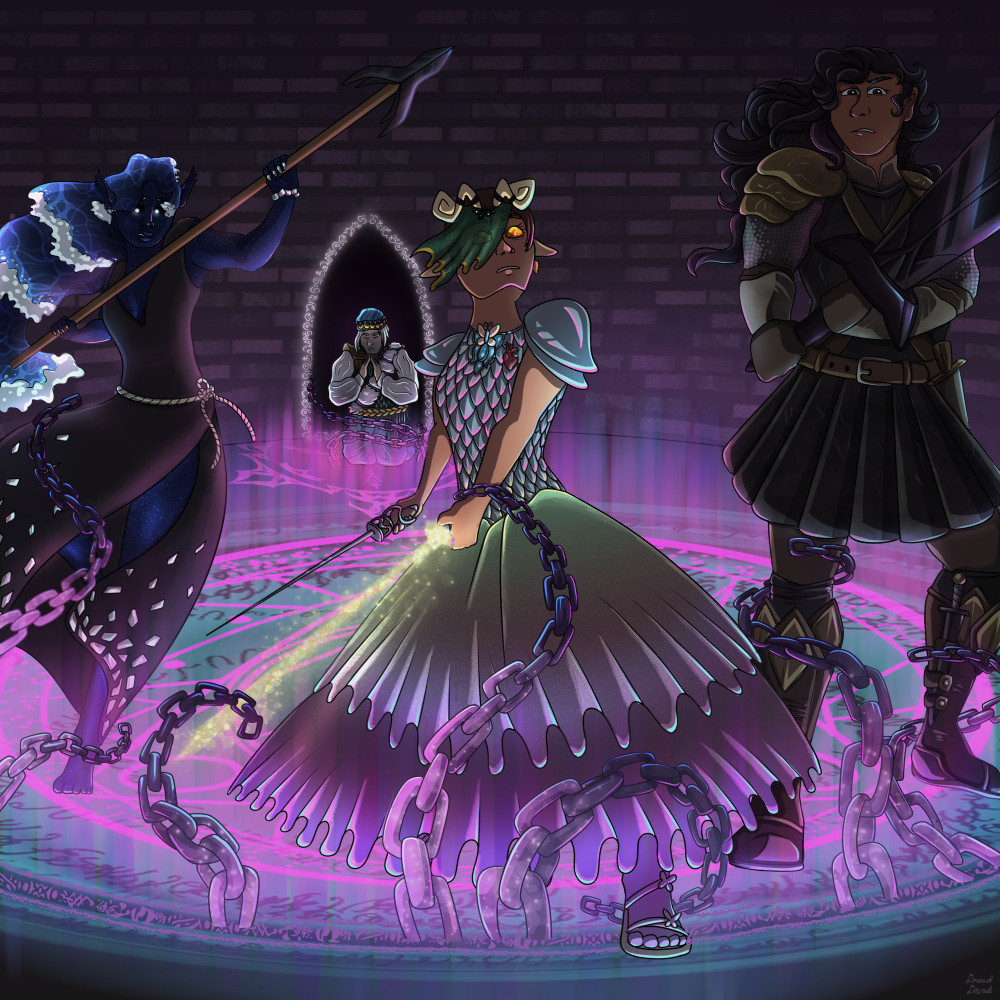 An illustration in a darkened room with glowing magic circles at the base of the floor. Three female figures stand with weapons out in the foreground- 1) with a halberd and long waves for hair, 2) a figure who is elven, holding two blades, one a rapier and one a glowing sword, wearing scalemail and long skirt with a veil blown partially to the side and 3) a tall female figure with obsidian armor, long dark hair and a giant black sword raised. Around these three magical chains emerge to trap them. In the background, a male figure is crouched in prayer as chains emerge around him, with a dark magical doorway behind him. 