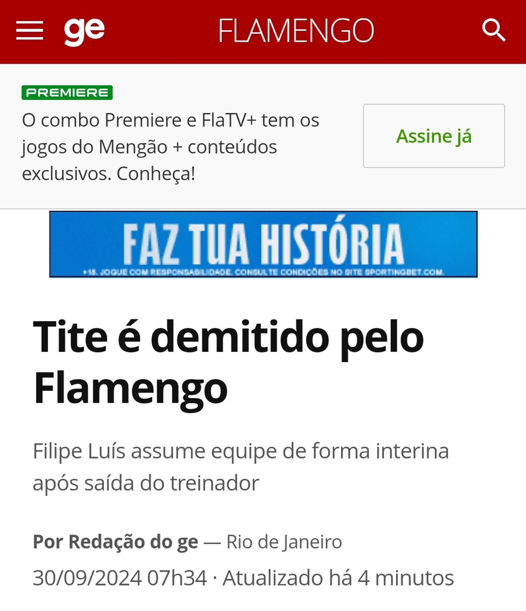 Print do site Ge.Globo.com exibindo a seguinte notícia: "Tite é demitido pelo Flamengo", de 30/09/2024