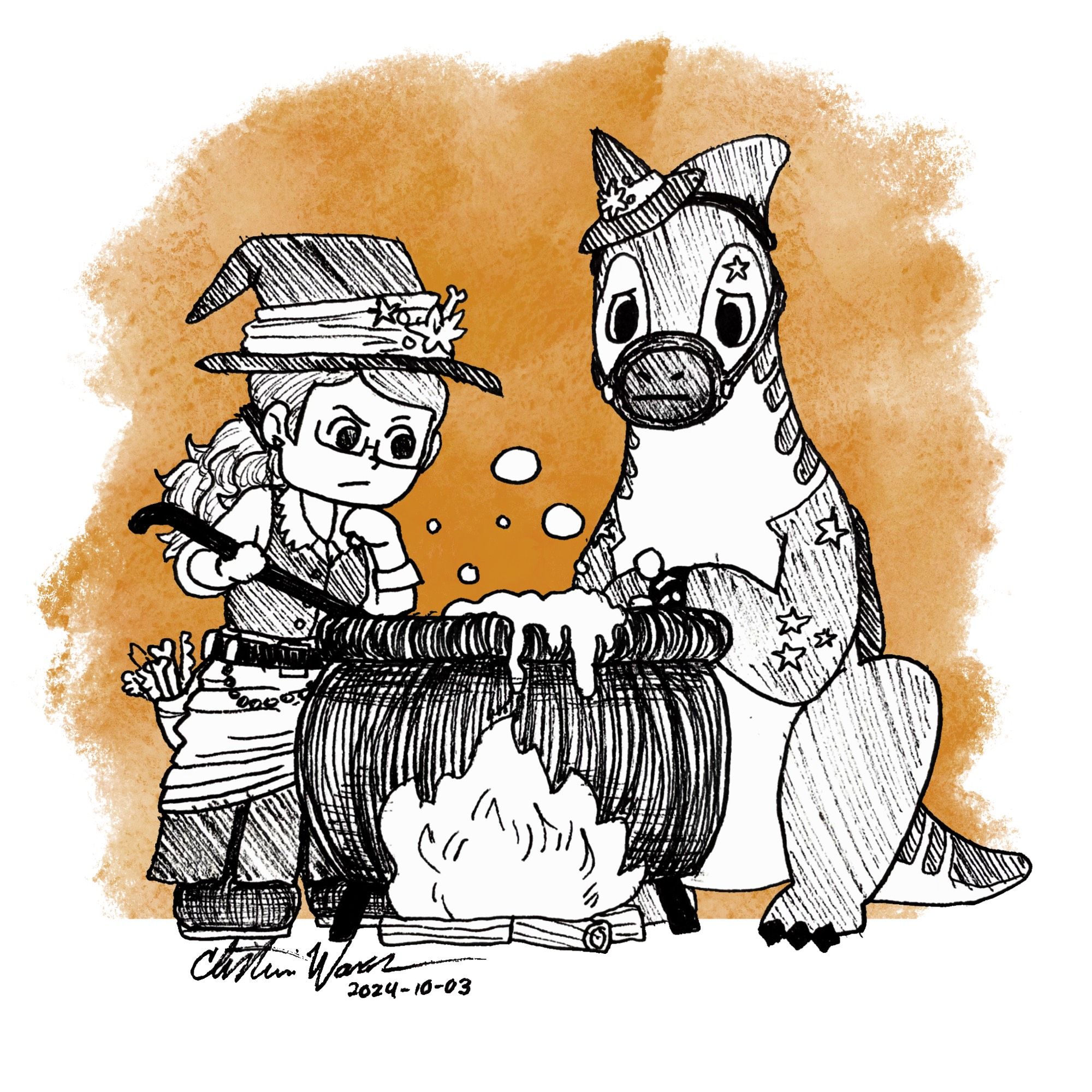 A black, white, and orange illustration of Kendall and Lucky from Power Rangers Pines. They're both wearing witch costumes. Kendall is trying to cook something in a big cauldron. Lucky is Concerned.