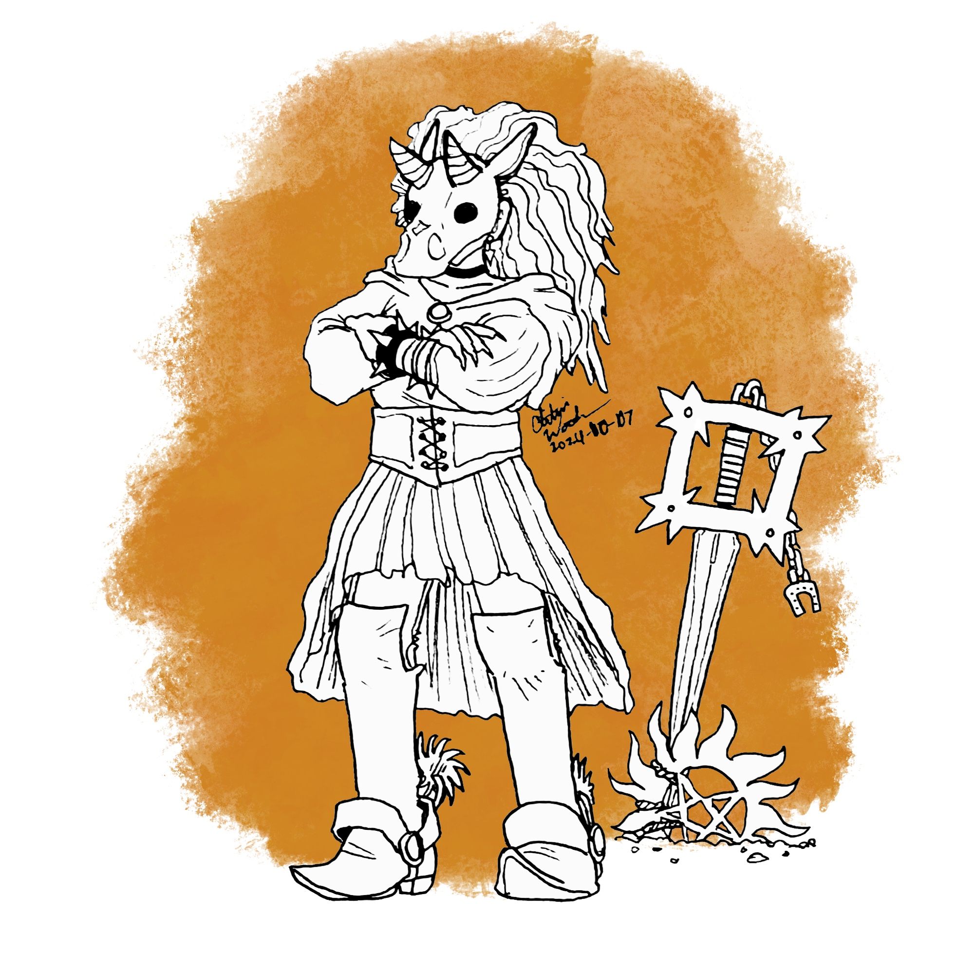 A black, white, and orange illustration of a woman in a vaguely demonic outfit. She has a horned horse mask with a wild mane, studded bracelets, spurred boots, and a harmful-looking weapon stuck in the ground.