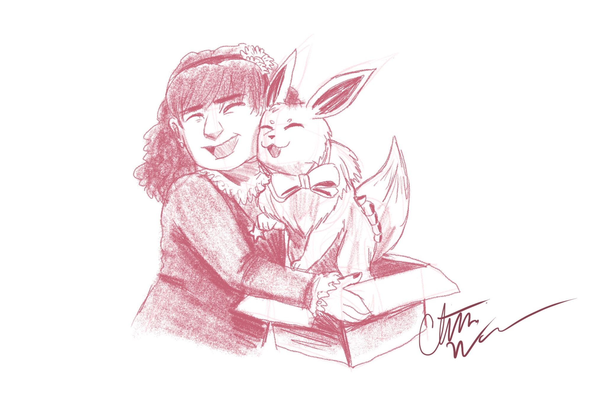 A pencil-ish illustration of a girl and her Eevee. The girl is in a velvet holiday dress, with a flowered headband. She is holding an open cardboard box, which the Eevee is standing in. The Eevee is wearing a large bow around their neck.