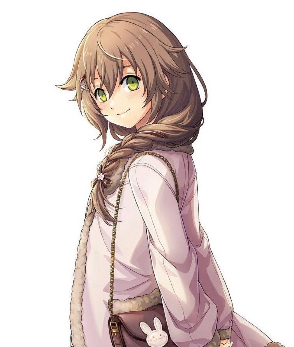 Towa Herschel, from Trails of Cold Steel, wearing a faint pink fleece-lined jacket and holding her hands behind her back