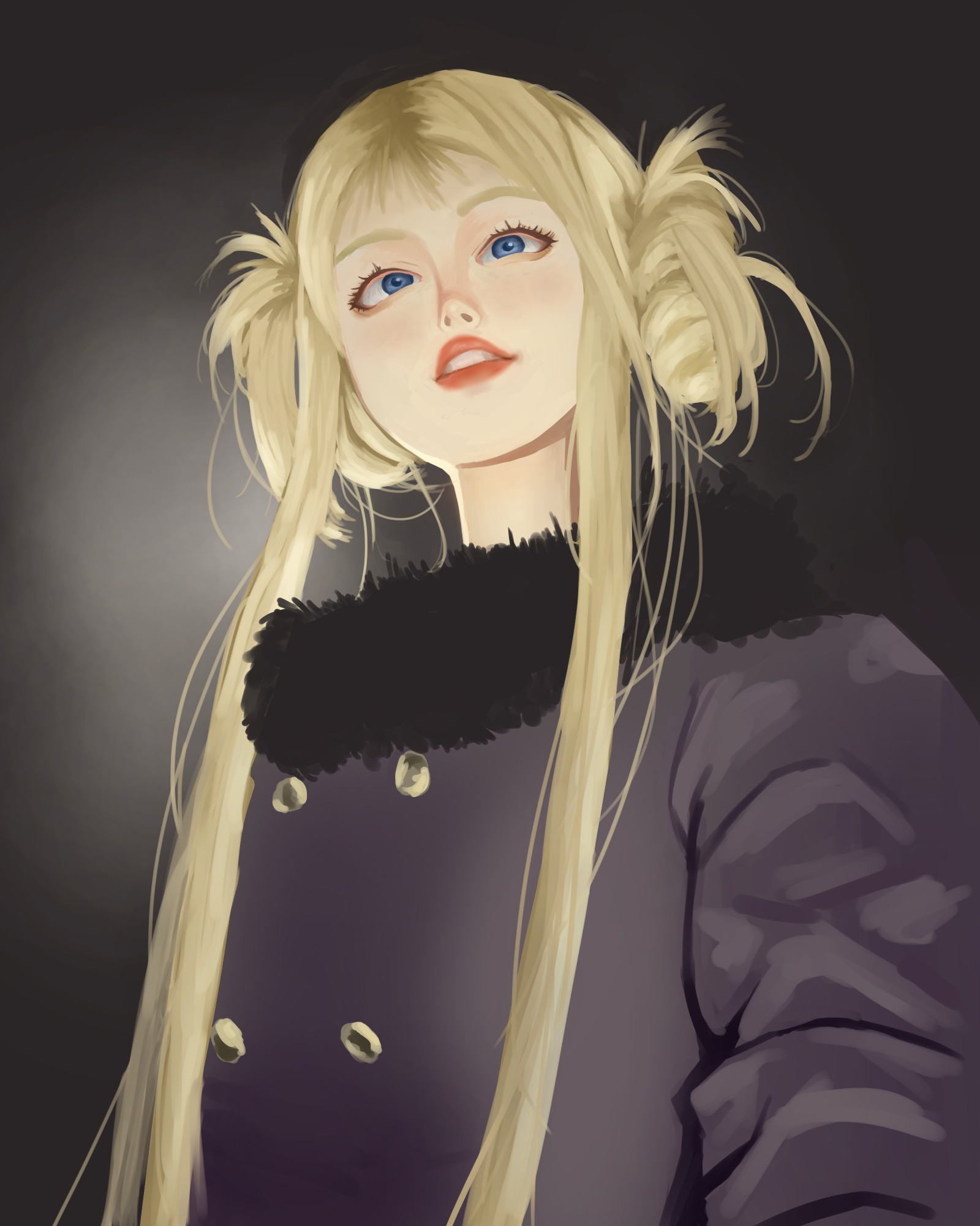 a painting made in clip studio paint of a girl with blond hair wearing a black coat.