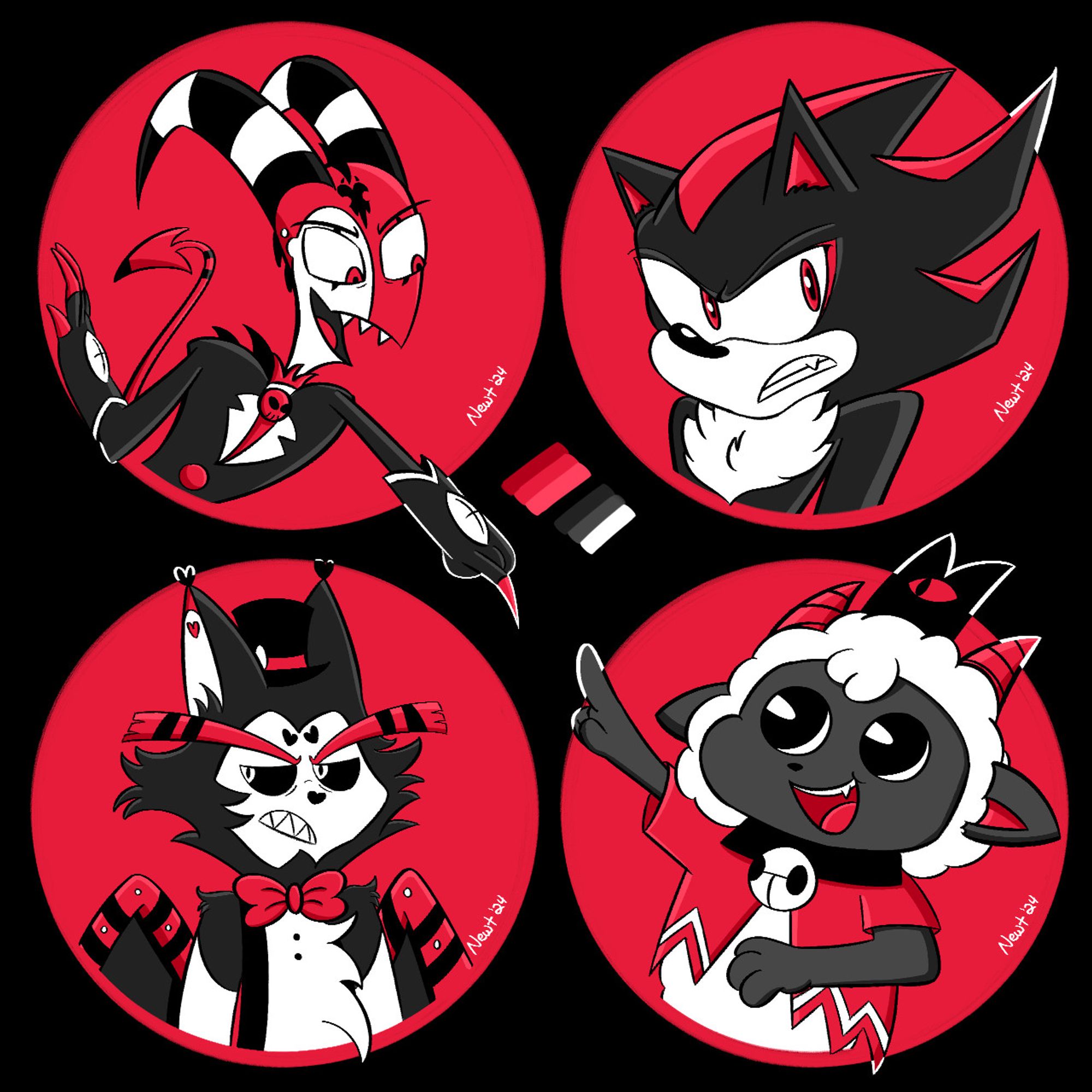 Art with a red and black color palette, featuring (from left to right, top to bottom) the characters Blitzo from Helluva Boss, Shadow the Hedgehog from the Sonic series, Husk from Hazbin Hotel, and the Lamb from Cult of the Lamb.