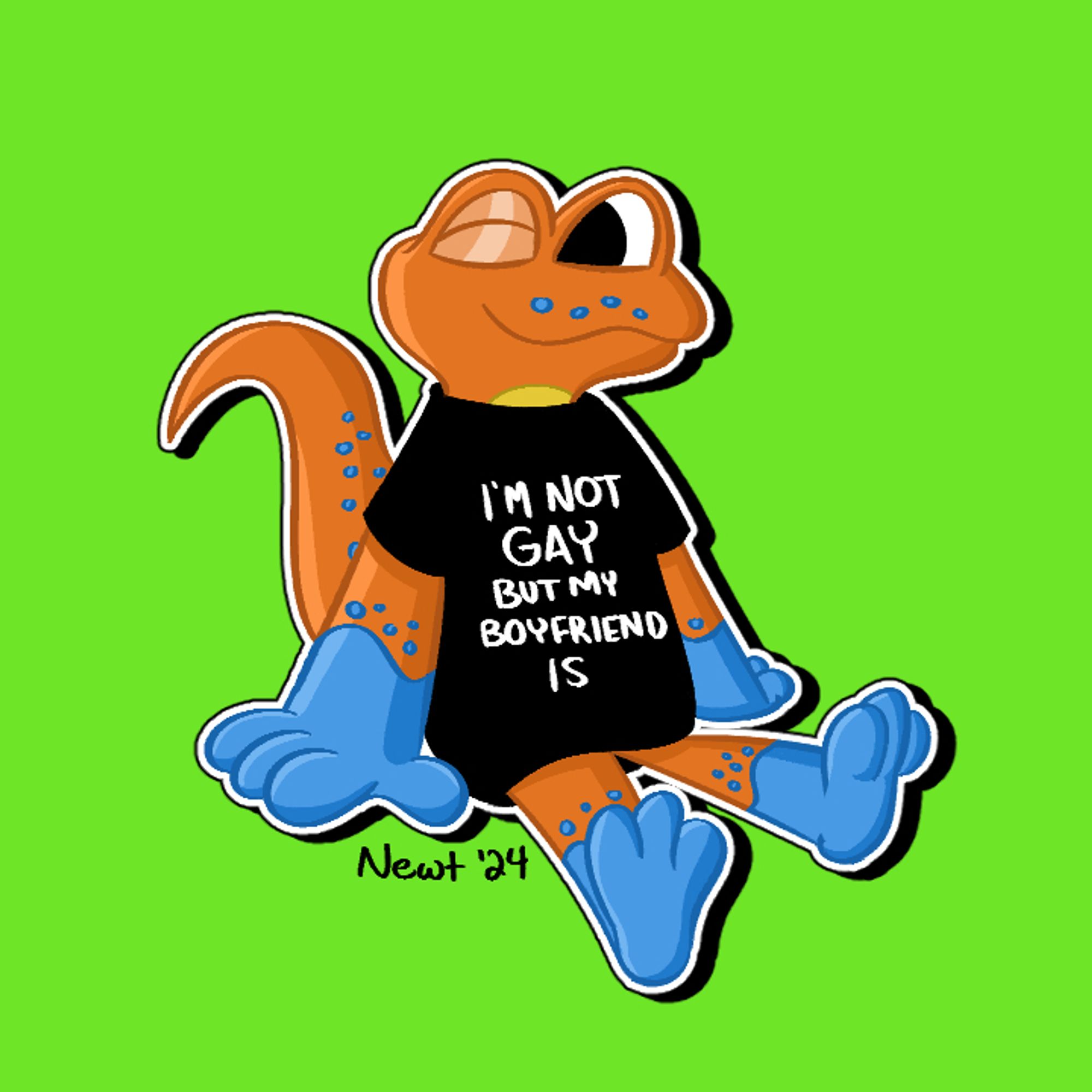 Art of my blue-footed newt character wearing a black t-shirt that reads "I'm not gay but my boyfriend is".