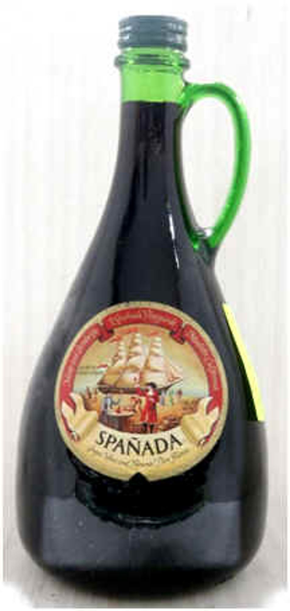 Picture of half-gallon handled screw-top green glass jug of Gallo Spanada, as it was sold in the late 1960s and early 1970s, an unspeakably bad red wine flavored with fruit juices.