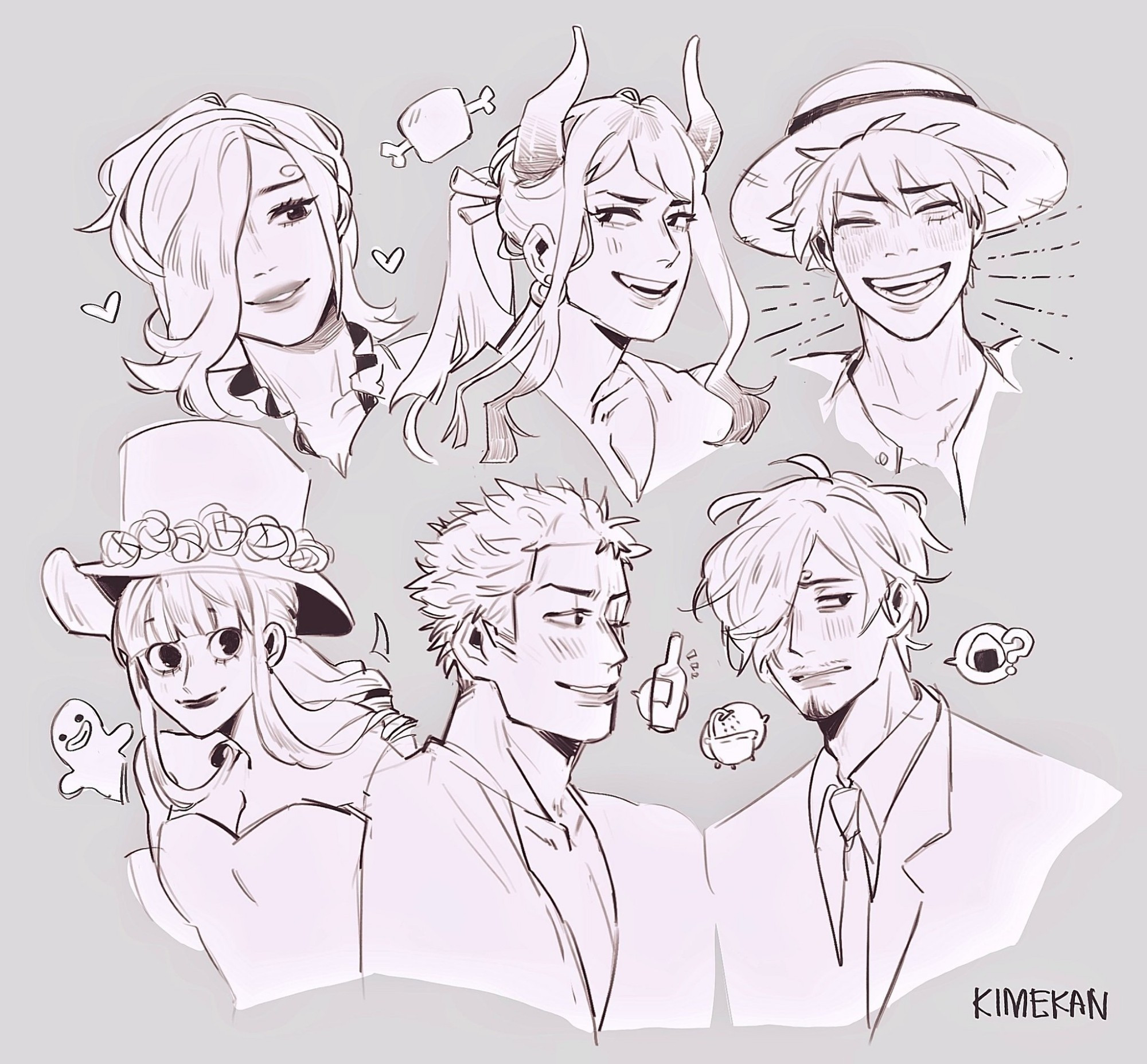 first time sketches of 6 one piece characters: reiju, yamato, luffy, perona, zoro, and sanji. There a little speech bubble between zoro and sanji that suggests that zoro asked for booze and sanji tells him to bathe instead.