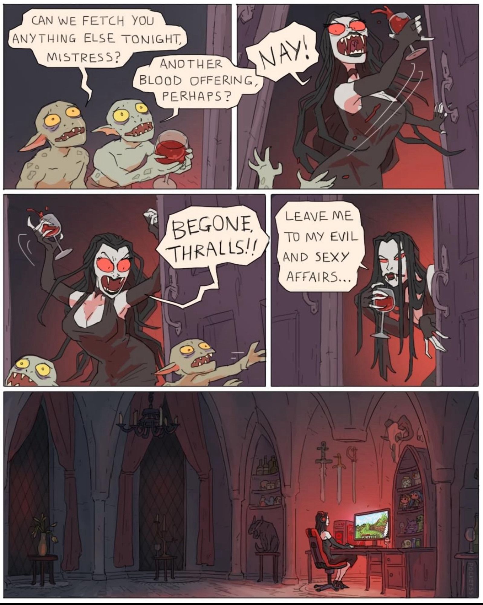 A comic featuring an evil vampire demanding peace to do her evil, but is actually playing Minecraft