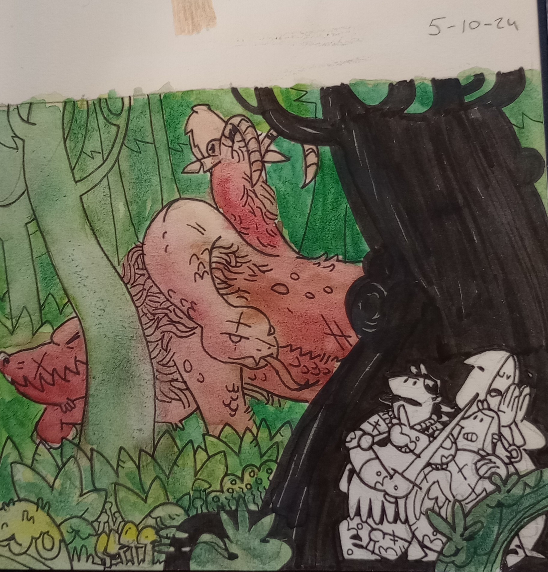 Watercolour sketch. 3 adventurers hiding behind a tree in black and white. In a green forest and a red chimaera 