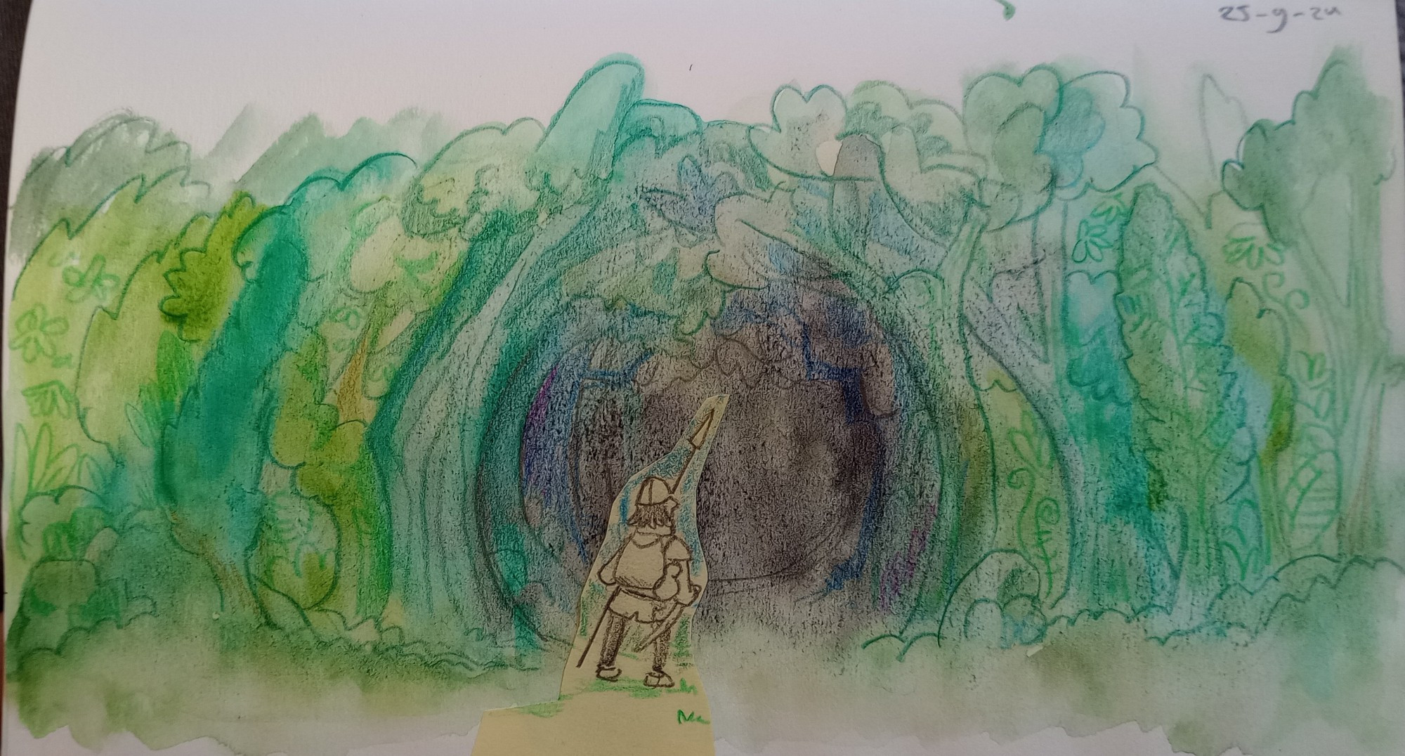 Watercolour sketch of a forest. The trees form a round gateway. An adventurer standing in front