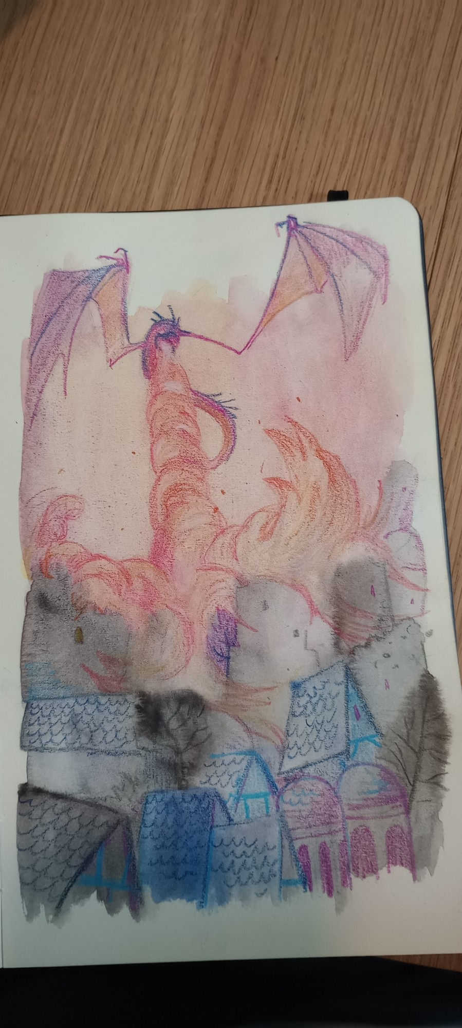 A dragon breathing fire onto a town in vibrant red and blue watercolour