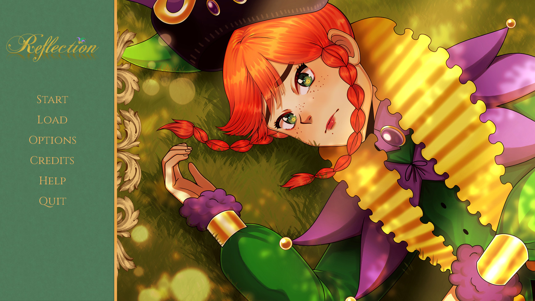 Reflection title screen. A redheaded female jester with green, purple, and yellow outfit is laying on the grass. The art is done by MustacheSkulls