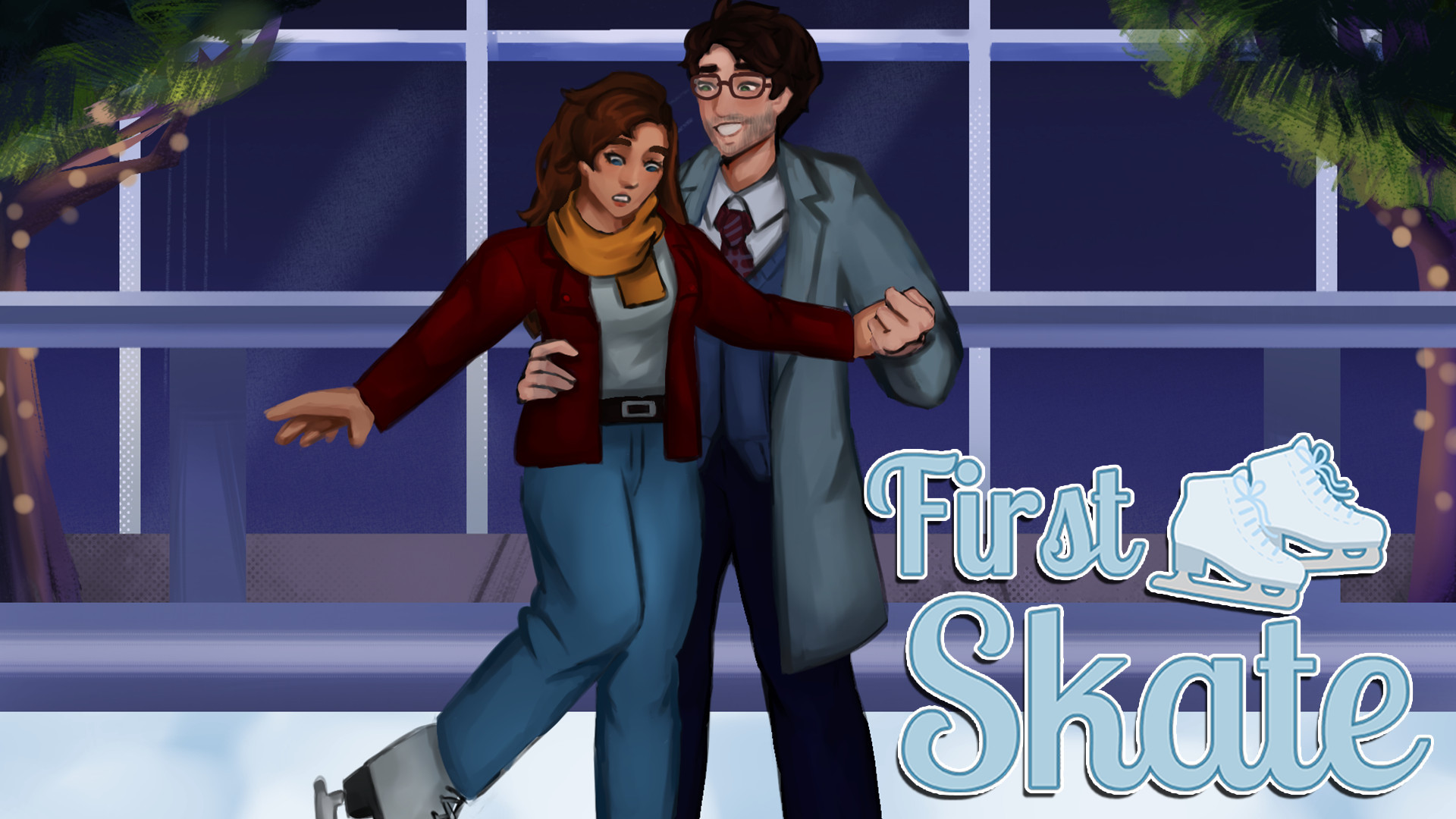 First Skate key art. Seo-jun and Iris, both of whom are wearing winter attire, are ice skating. Art is by 1kesoda