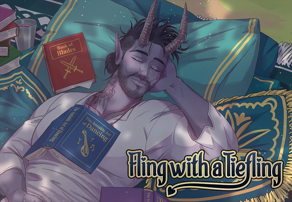 Fling with a Tiefling key art. It features Tiefling with blue skin named Karrus asleep on some blankets and pillows. There are some books strewn about. The art is done by xxmissarichanxx