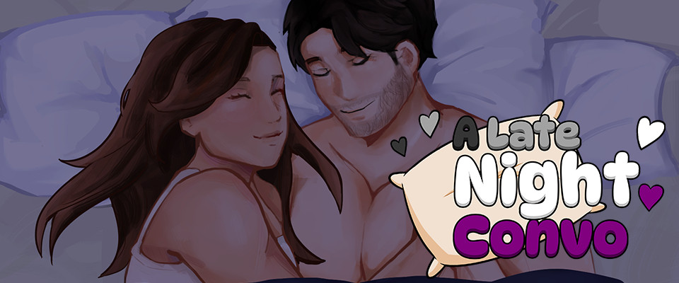 A Late Night Convo key art. It features Iris, a brunette Puerto Rican, cuddling up to her demisexual boyfriend, Seo-jun, a Korean man with black hair and a five o'clock shadow. The illustration is done by 1kesoda