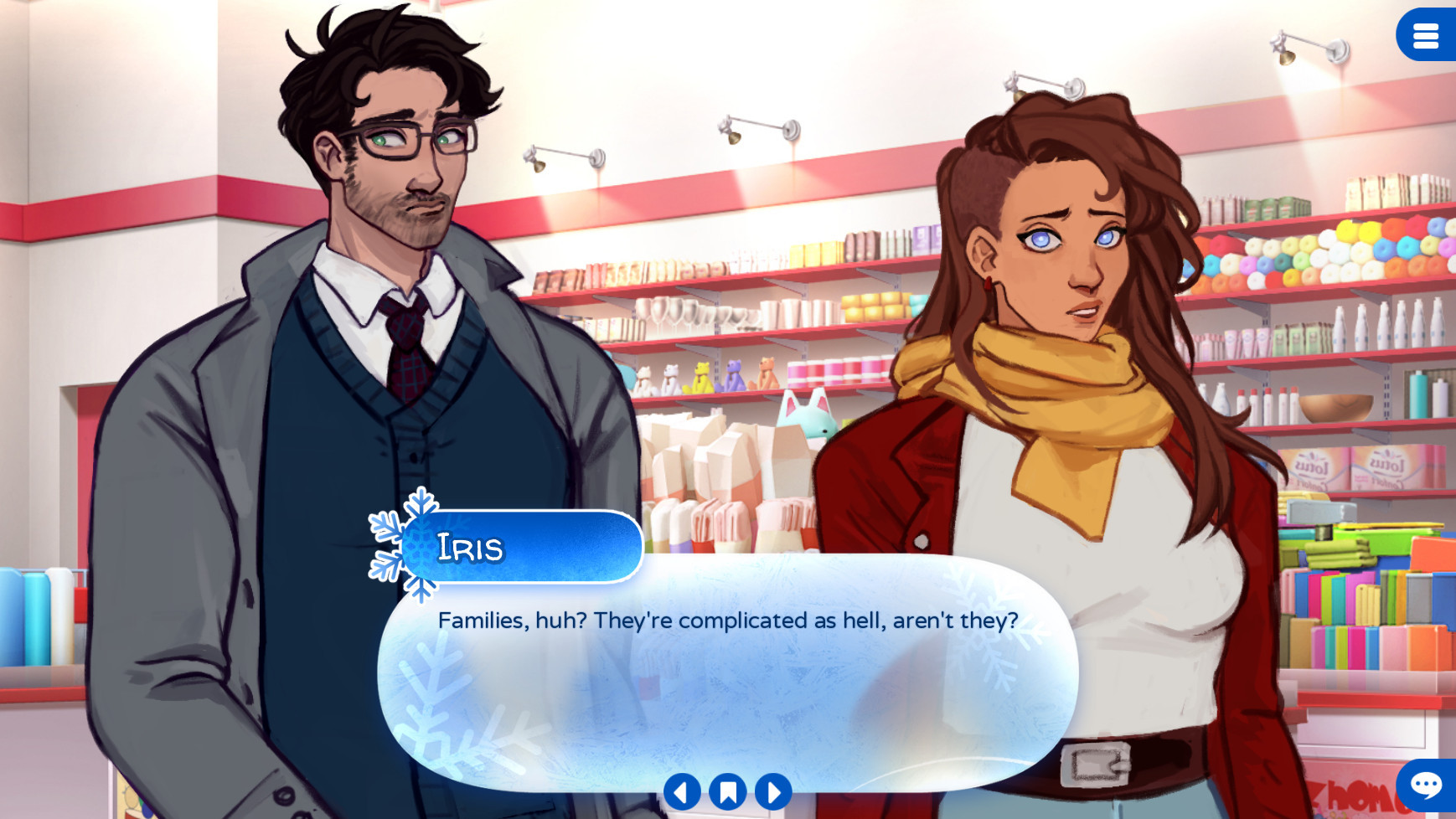 Seo-jun and Iris are in a knickknack shop looking at items, and get on the topic of families. Iris says, "Families, huh? They're complicated as hell, aren't they?"