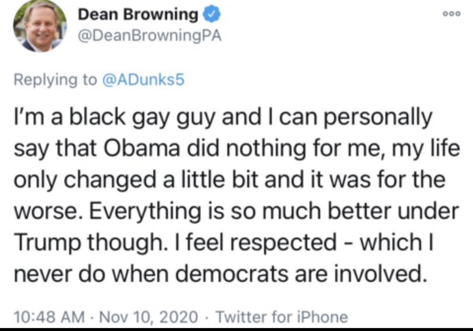 A screenshot of a tweet from Dean Browning, a white guy who pretended to be a gay black man on Twitter but accidentally did so from his main account.