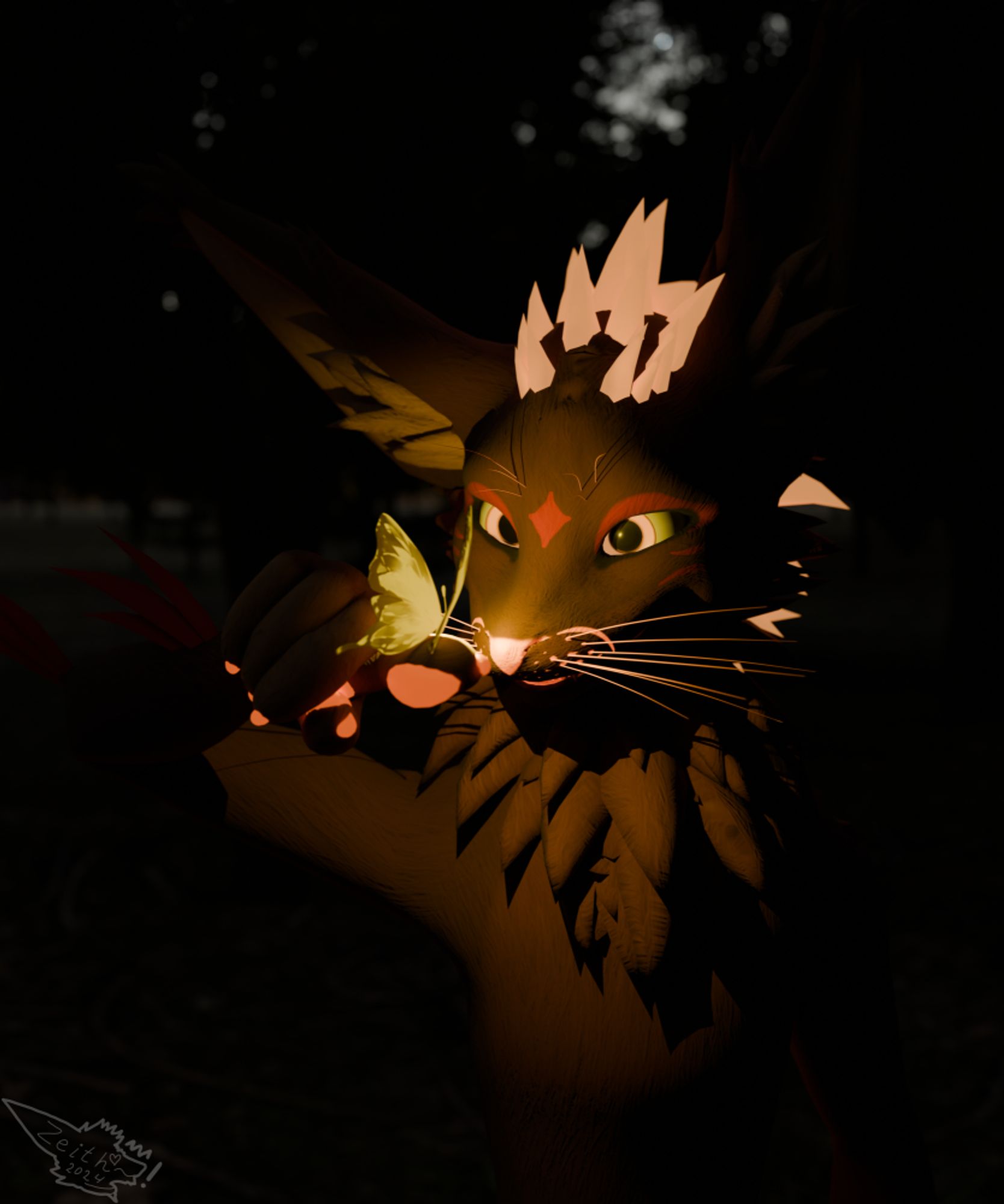 Rexxo looking at a glowing golden butterfly