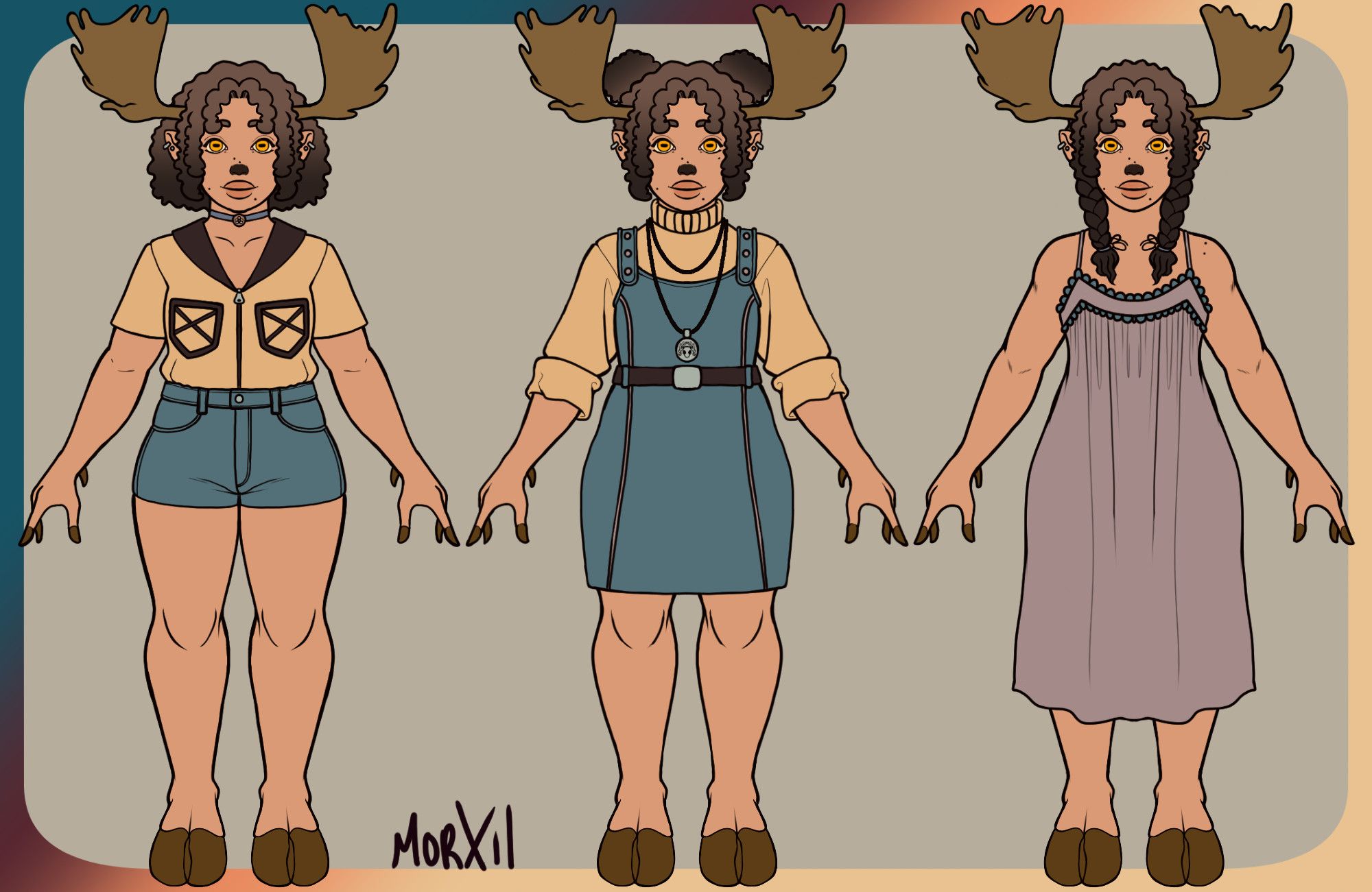 Alternative outfits for Kaz. On the left is their default shirt, choker, and shorts with their hair down. The middle outfit consists of a belted dress over a turtleneck with a necklace. Their hair is in space buns. To the right is a night gown. Their hair are in two braids. 