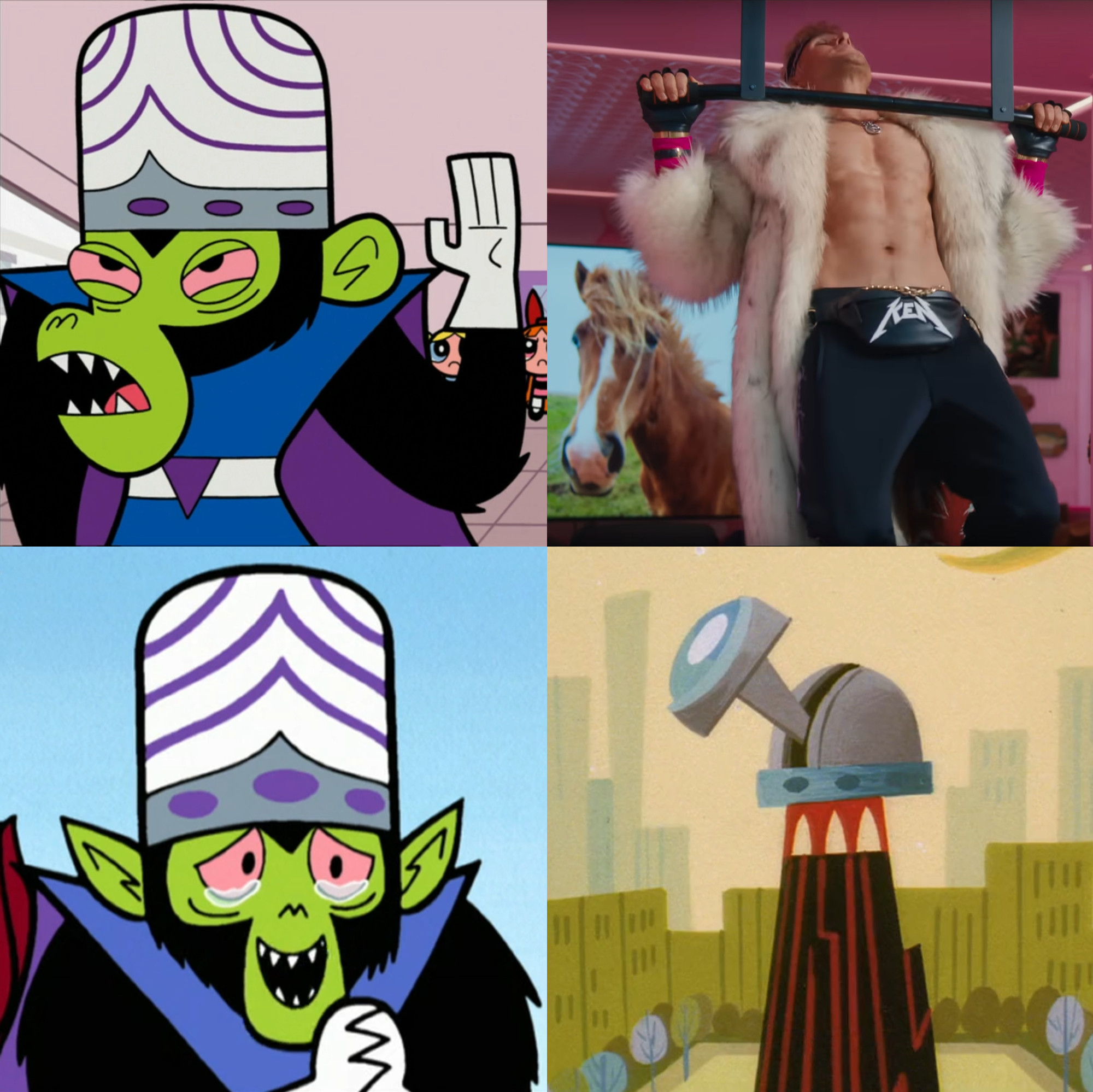 four-panel meme modeled on the Drake meme

in the upper left panel, Mojo Jojo from the Powerpuff Girls appears irritated and looks away while holding his hand up

in the upper right panel, Ryan Gosling as Ken in the movie Barbie lifts himself up on a pull-up bar in his mojo dojo casa house while shirtless and wearing a white fur coat, a picture of a horse is in the background behind him

in the lower left panel Mojo Jojo, with tears of joy in his eyes, smiles admiringly toward the lower right panel

in the lower right panel is Mojo Jojo's lair, an observatory on top of a volcano in the middle of Townsville  