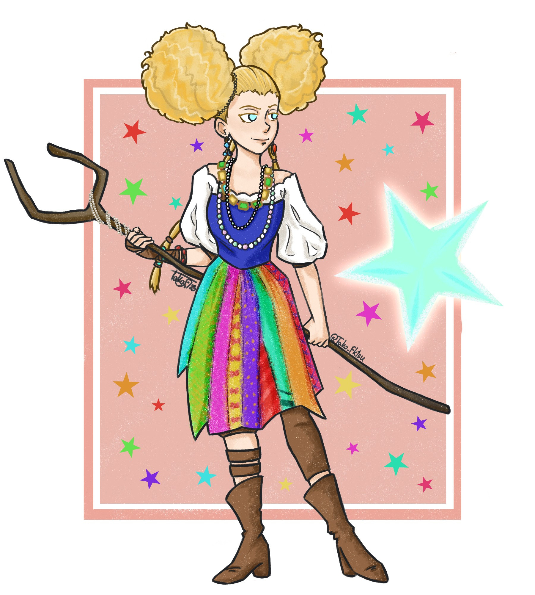 Digital art of Goldilocks from Puss in Boots: The Last Wish. She is a teenage girl with pale skin, blue eyes and blond hair in two big buns and two thin braids on the back. She is dressed in a short dress with a blue corsage, white voluminous sleeves and skirt made of multi-colored stripes of cloth. She is also wearing leather boots, a short glove on her right hand and lots of mismatching jewelry on her neck, right wrist and ears. She is holding a horned wooden staff behind her back. The background is covered in multiple colorful stars, one of them, to Goldi's right, is much bigger and glowing, and she is looking at it.