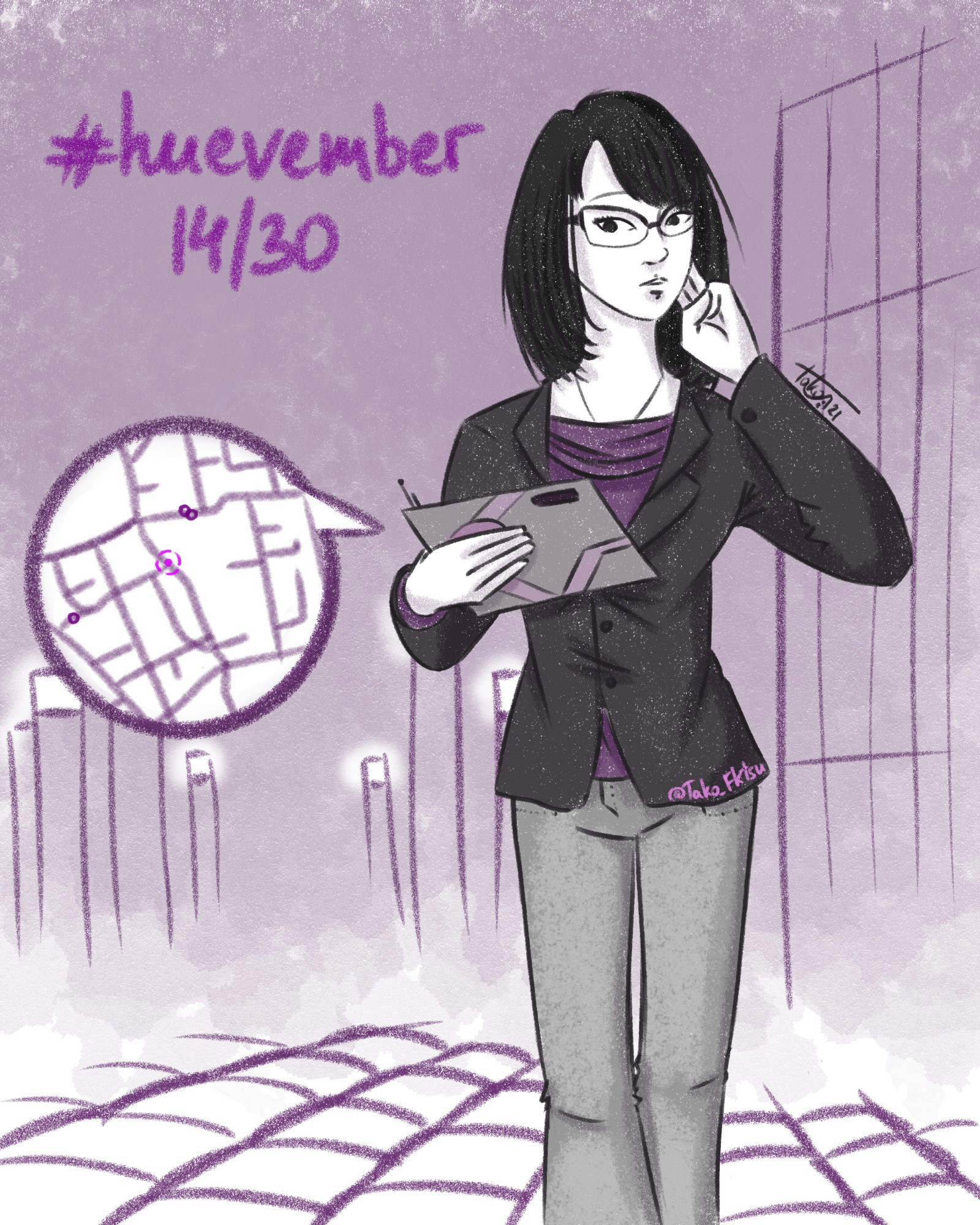 Digital art of Toshiko Sato from Torchwood. Donna, an Asian woman with shoulder length hair and glasses, is standing in the street and holding a tablet in her right hand. Her left hand is pressed to her ear as if she is communicating with someone. She is dressed in a purple blouse, black jacket and gray pants. The background is simplistic depiction of a Cardiff square where Torchwood hub is located. The whole art is drawn for Day 14 of Huevember in shades of purple and gray. 