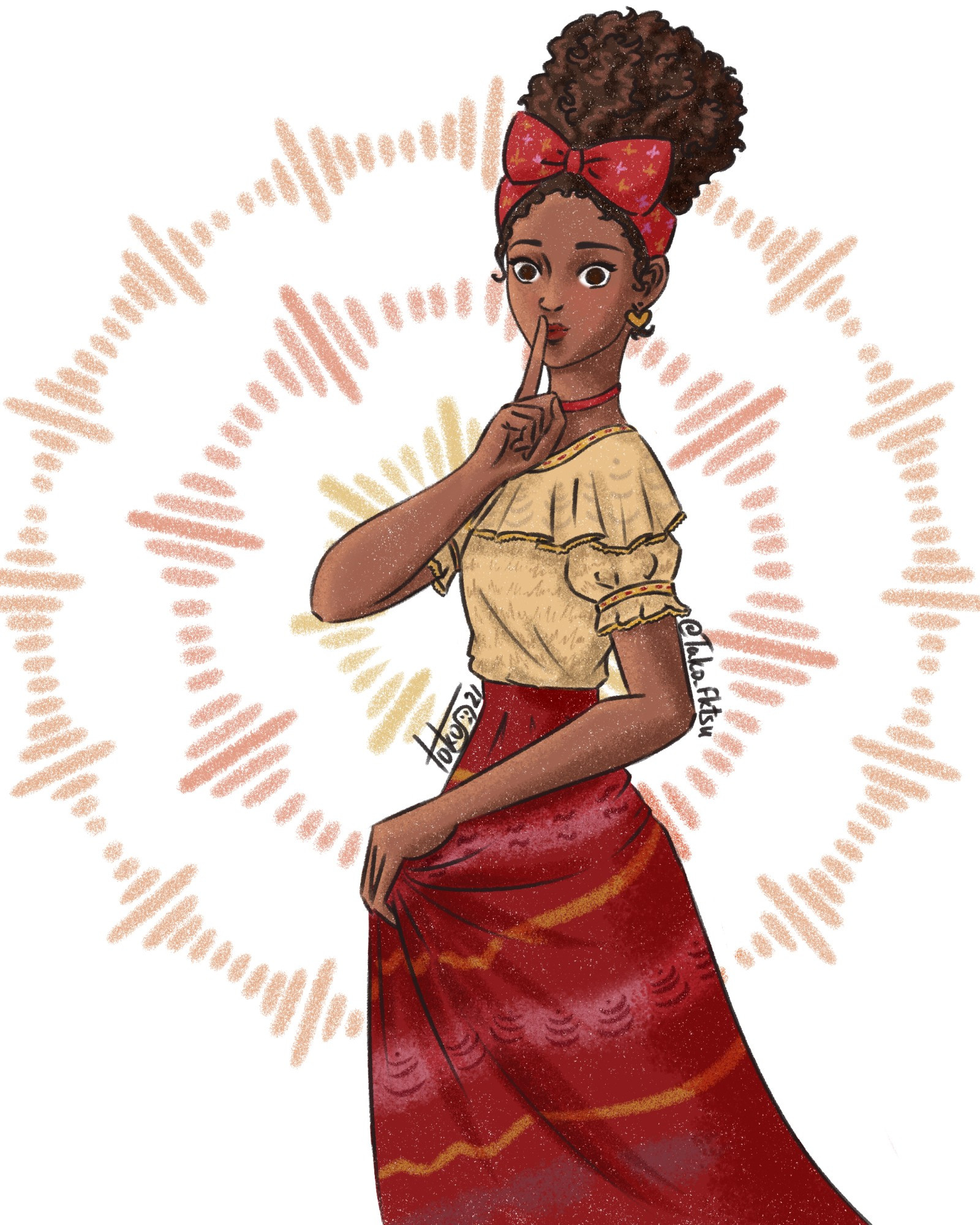 Digital art of Dolores Madrigal from Encanto. She is a dark-skinned, tall and thin young girl with curly hair in an updo held by a red bow. She is dressed in a pale yellow top with short sleeves and a long red skirt that she's holding with her left hand. She is looking at the camera, pressing her right index finger to her lips as if shushing the viewer. The background is plain white with circular sound wave patterns.