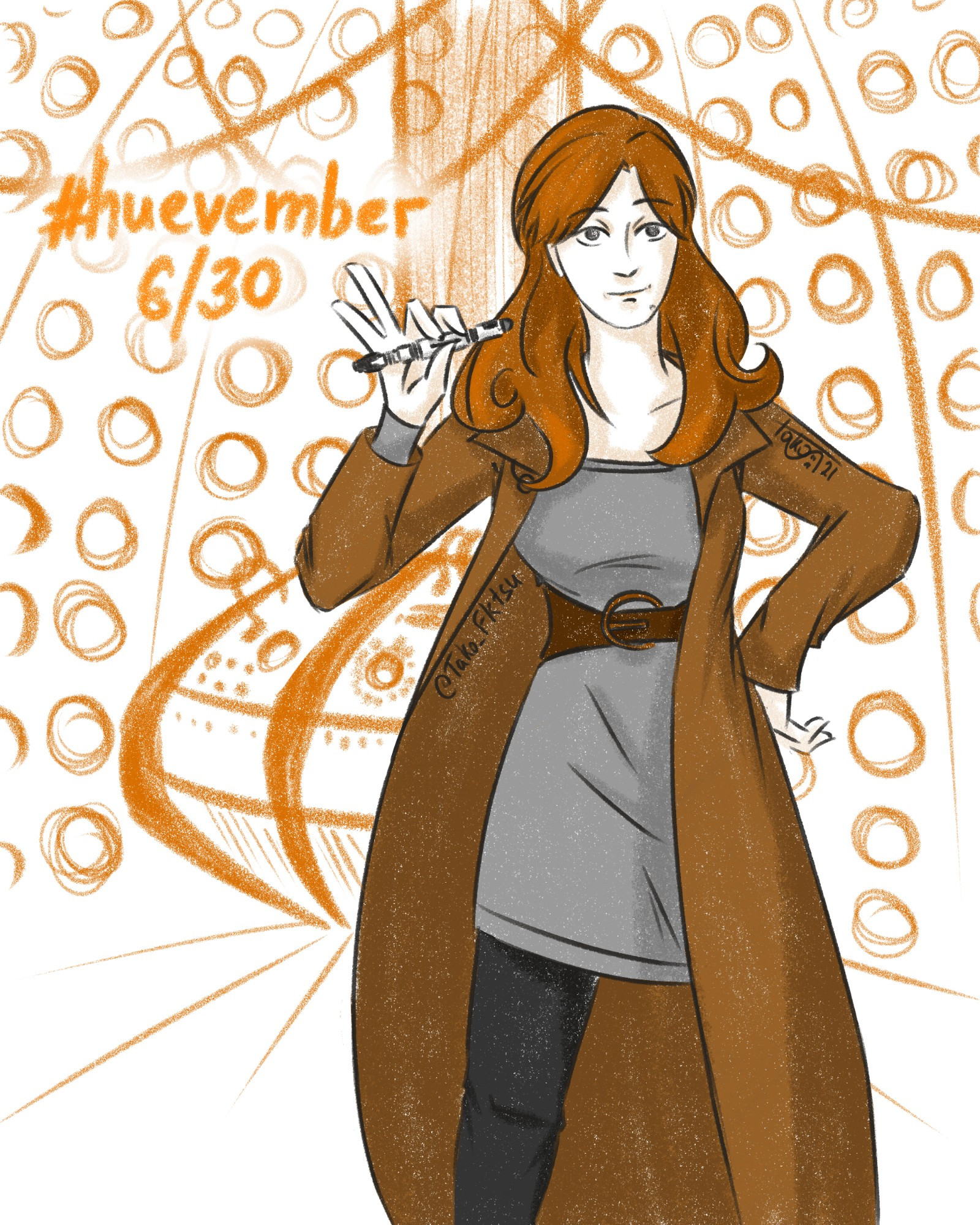 Digital art of Donna Noble from Doctor Who. Donna, a red-haired white woman, is standing in the Tardis facing the camera and holding a sonic screwdriver in her right hand. She is dressed in a brown overcoat and a gray tunic with a belt. The background is simplistic Tardis interior. The whole art is drawn for Day 6 of Huevember in shades of orange, brown and gray. 