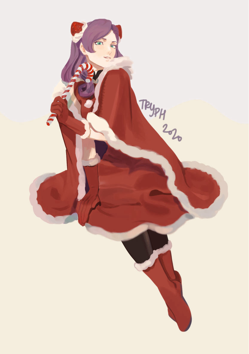 Darklaw in a santa costume. She’s holding a candy cane.