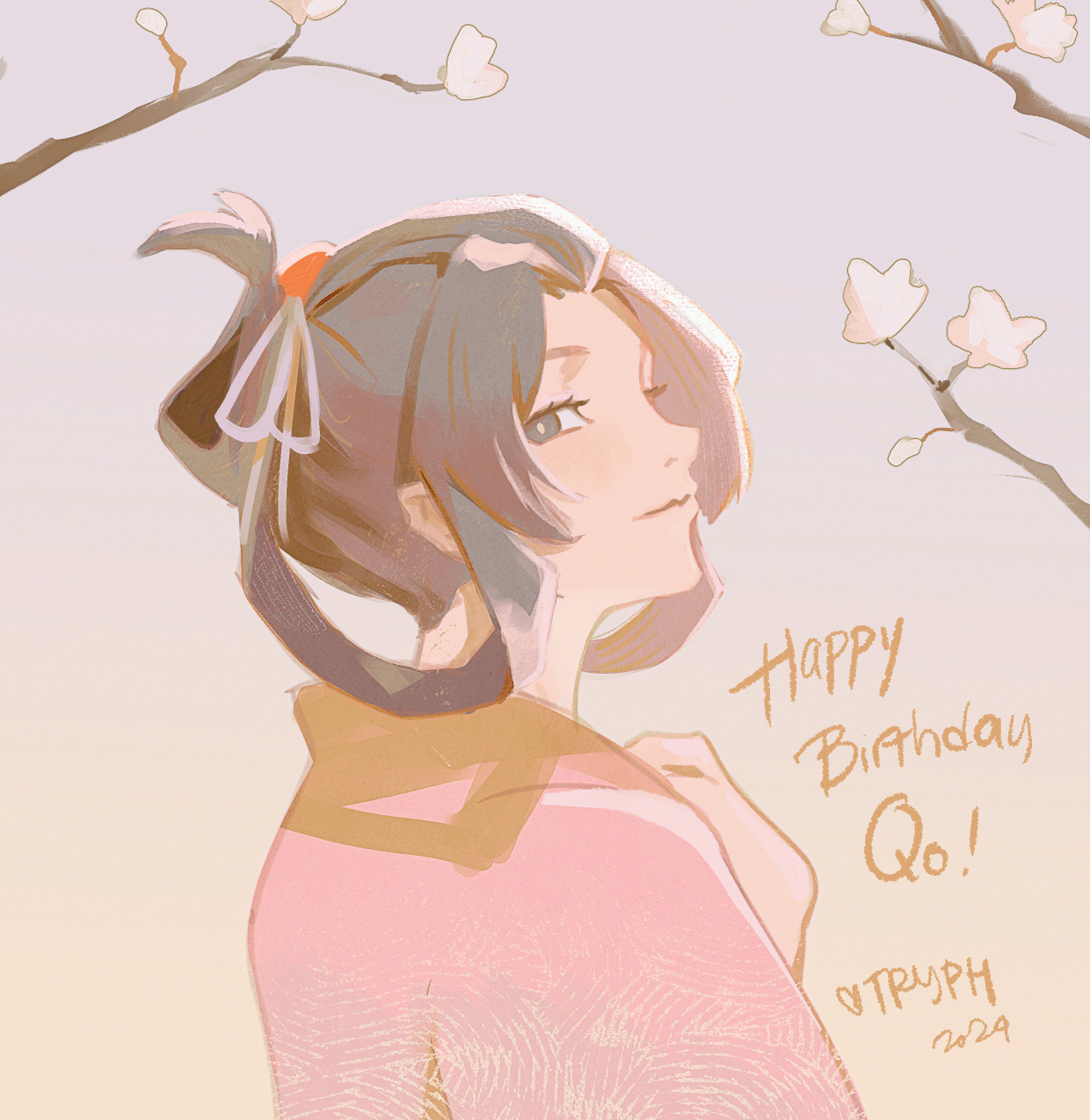 Rough illustration of Susato Mikotoba from The Great Ace Attorney looking at the viewer. The handwritten text reads "Happy Birthday Qo!"