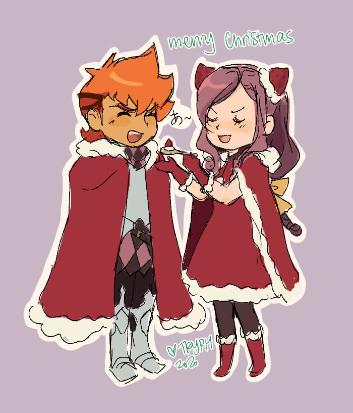 Barnham and Darklaw in santa costumes. Darklaw is feeding him a spoon of cake with a strawberry.