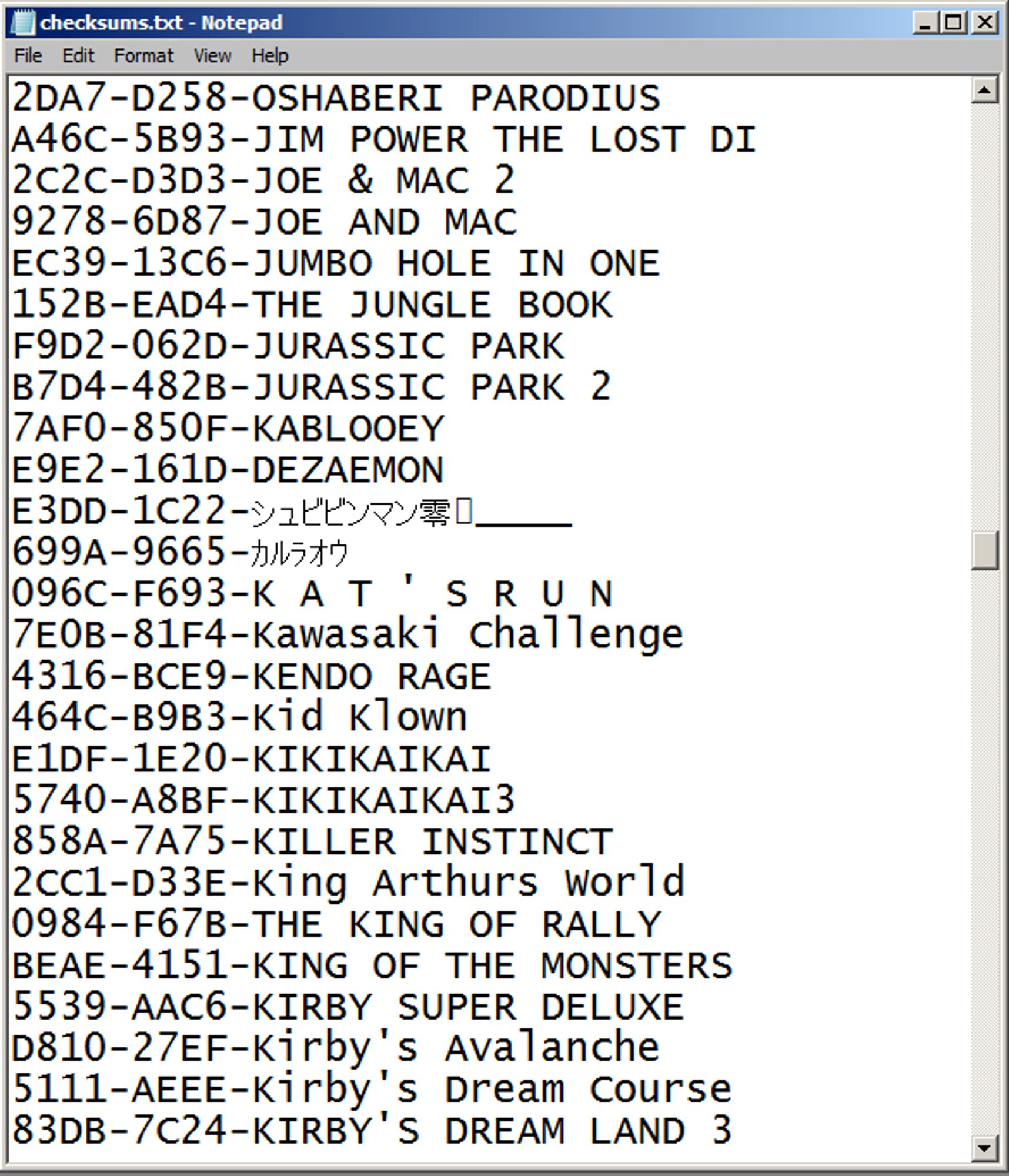 List of SNES checksums and game titles