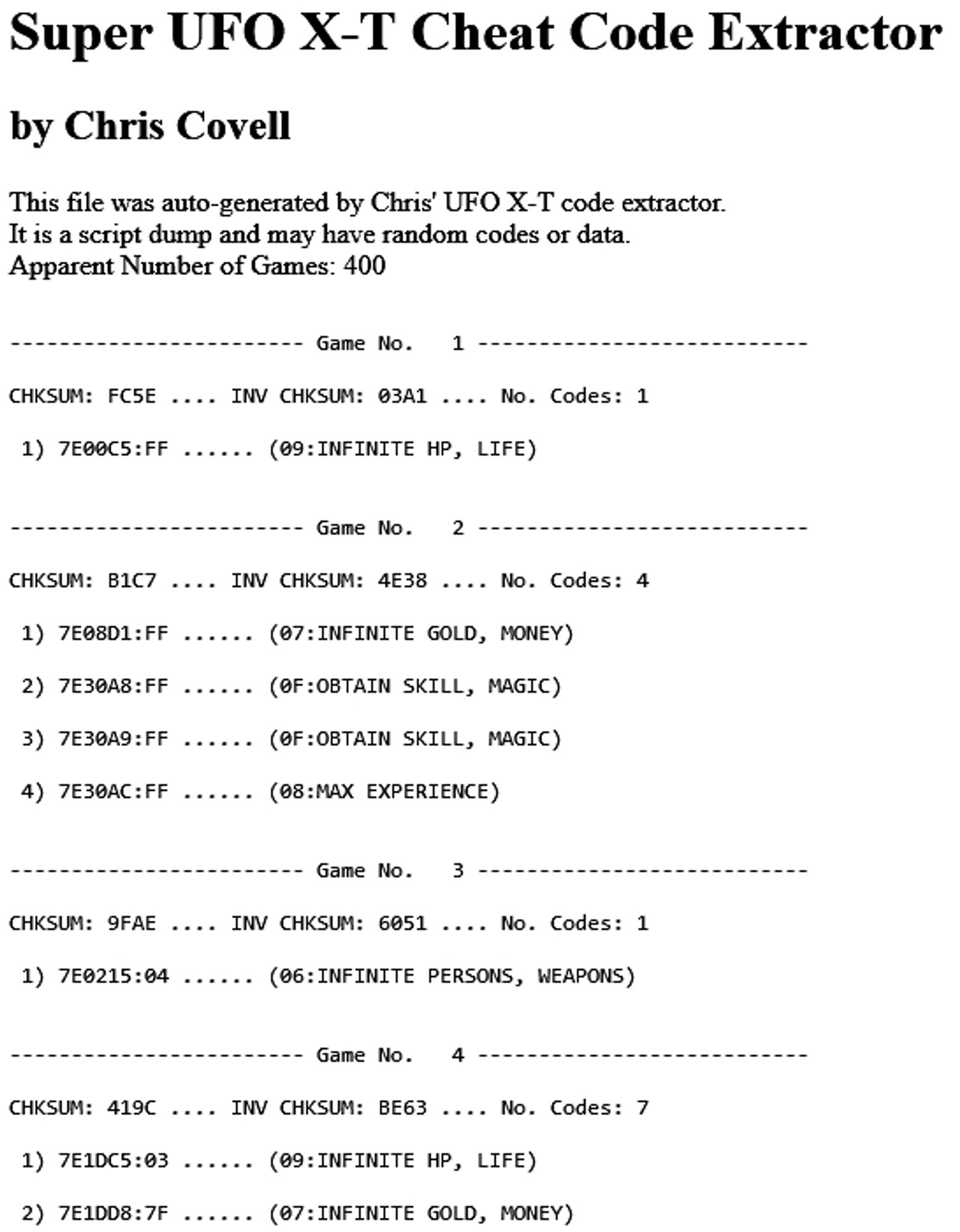 Some extracted UFO cheat codes