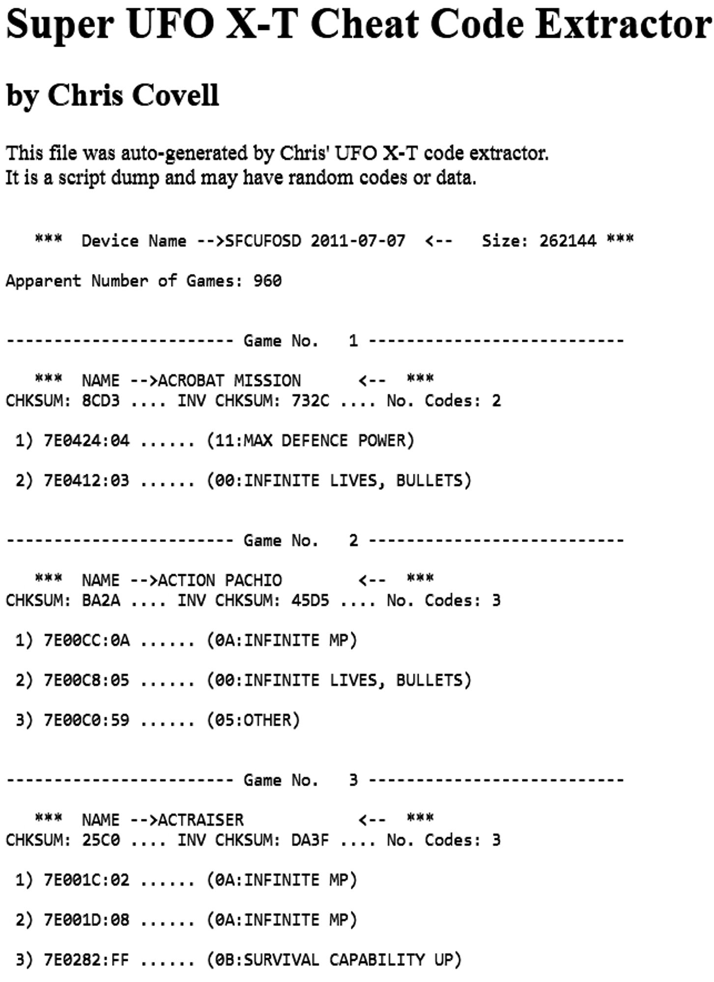 UFO Cheat Codes