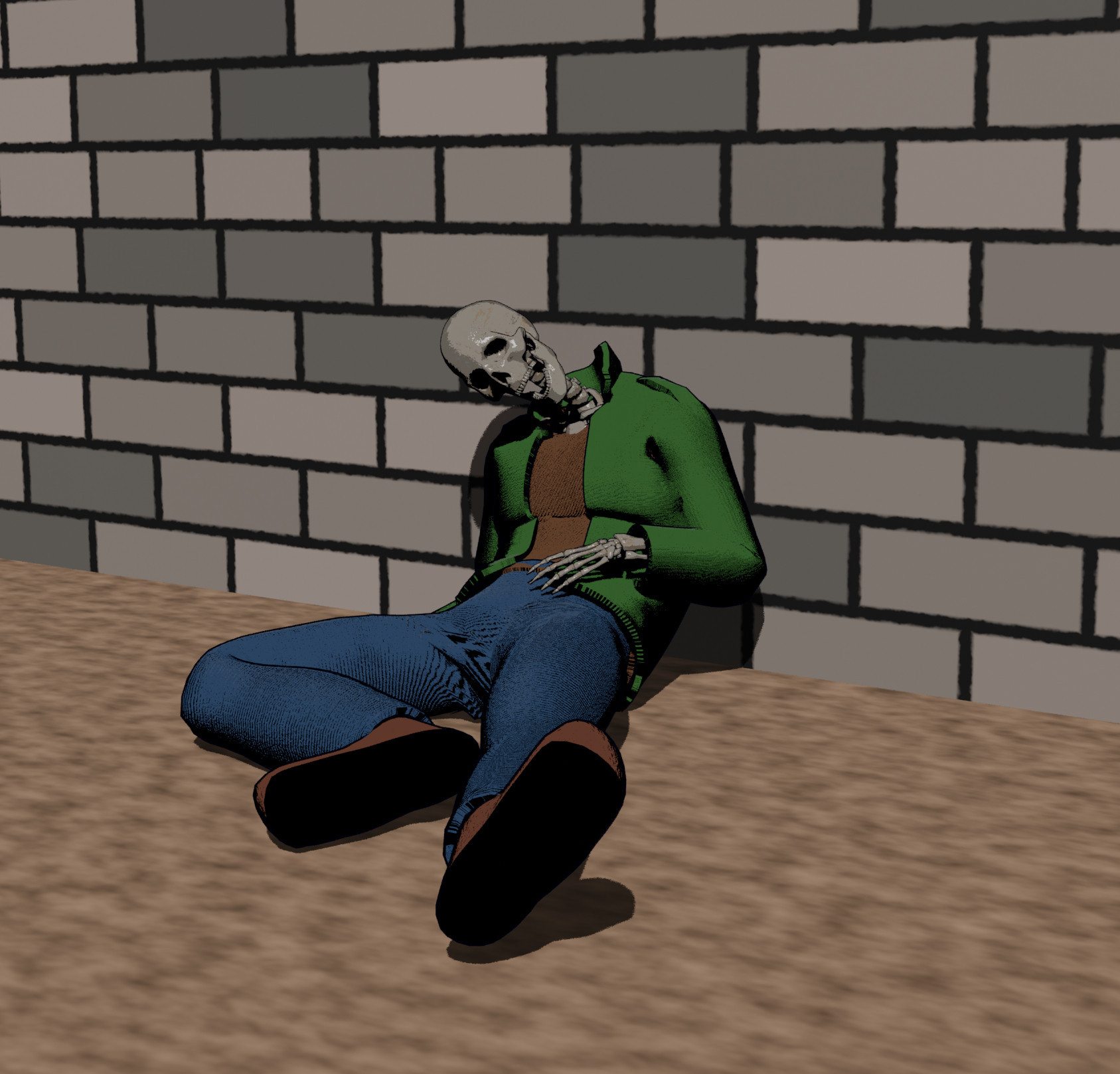 Skeleton wearing The NSA Agent's clothes slumped against a wall.