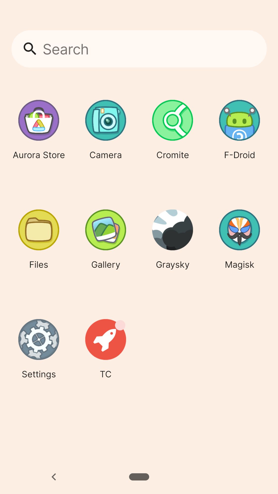 Tela de aplicativos do telefone. No topo há uma caixa de pesquisa, e embaixo estão os aplicativos: Aurora Store, Camera, Cromite, F-Droid, Files, Gallery, Graysky, Magisk, Settings, e TC.