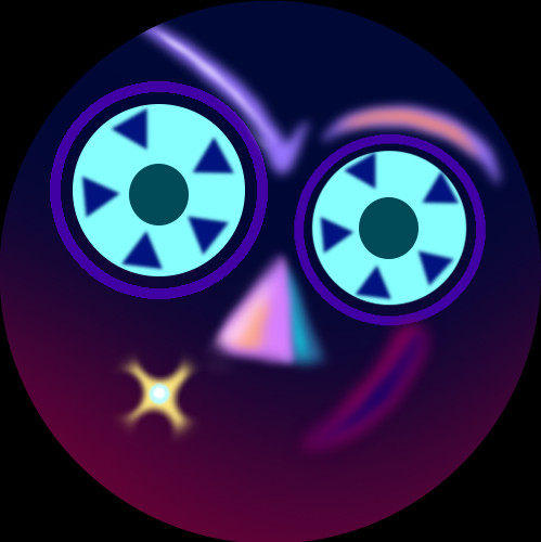 abstract rendition of a face with a snarky expression. the eyes are two large blue circles lined with navy triangles and dark green pupils, the eyebrows are wisps of purple, the nose is a pink and blue triangle, and the mouth is a red wispy line in a sideways smirk