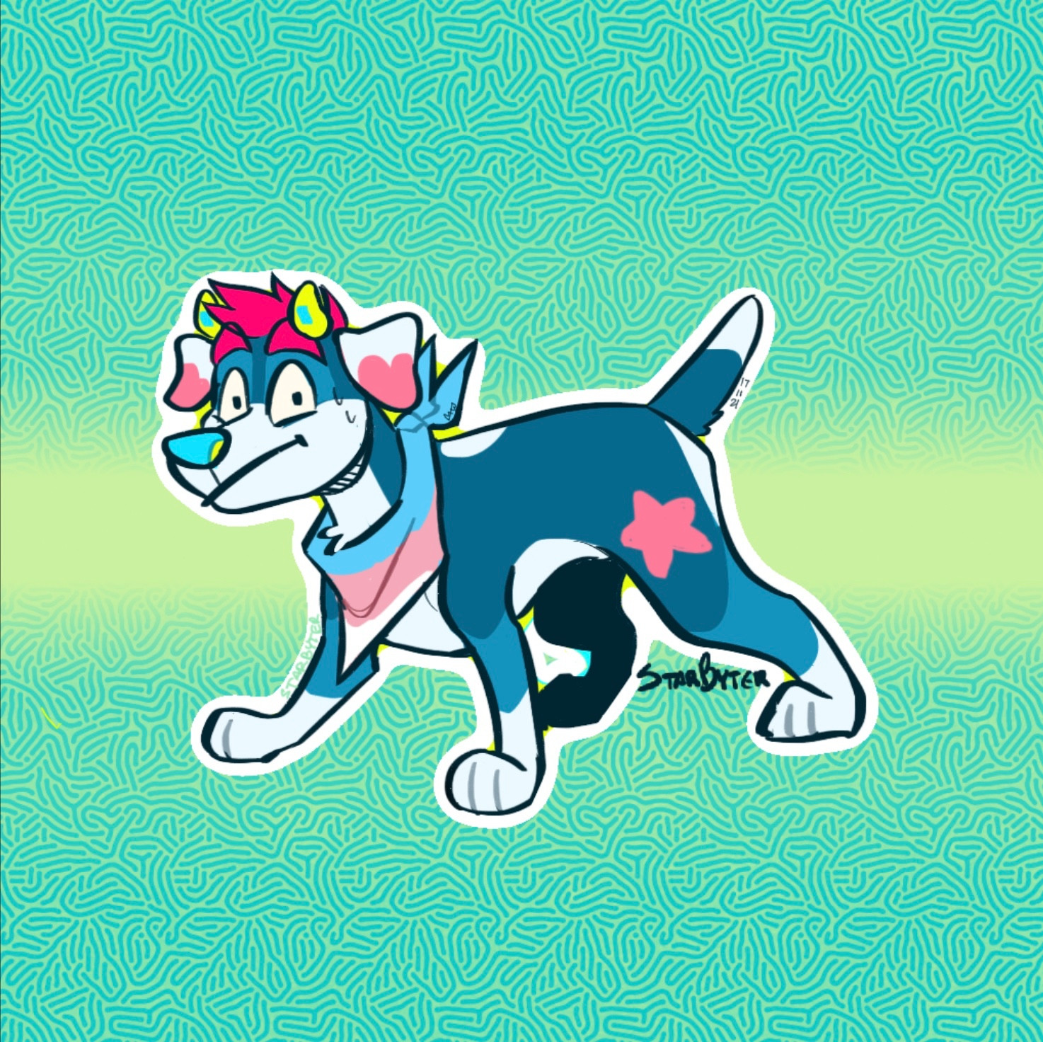 Coloured doodle of a blue, white, and pink Jack Russell, wearing a trans pride bandana; he has an expression of one that’s been caught.