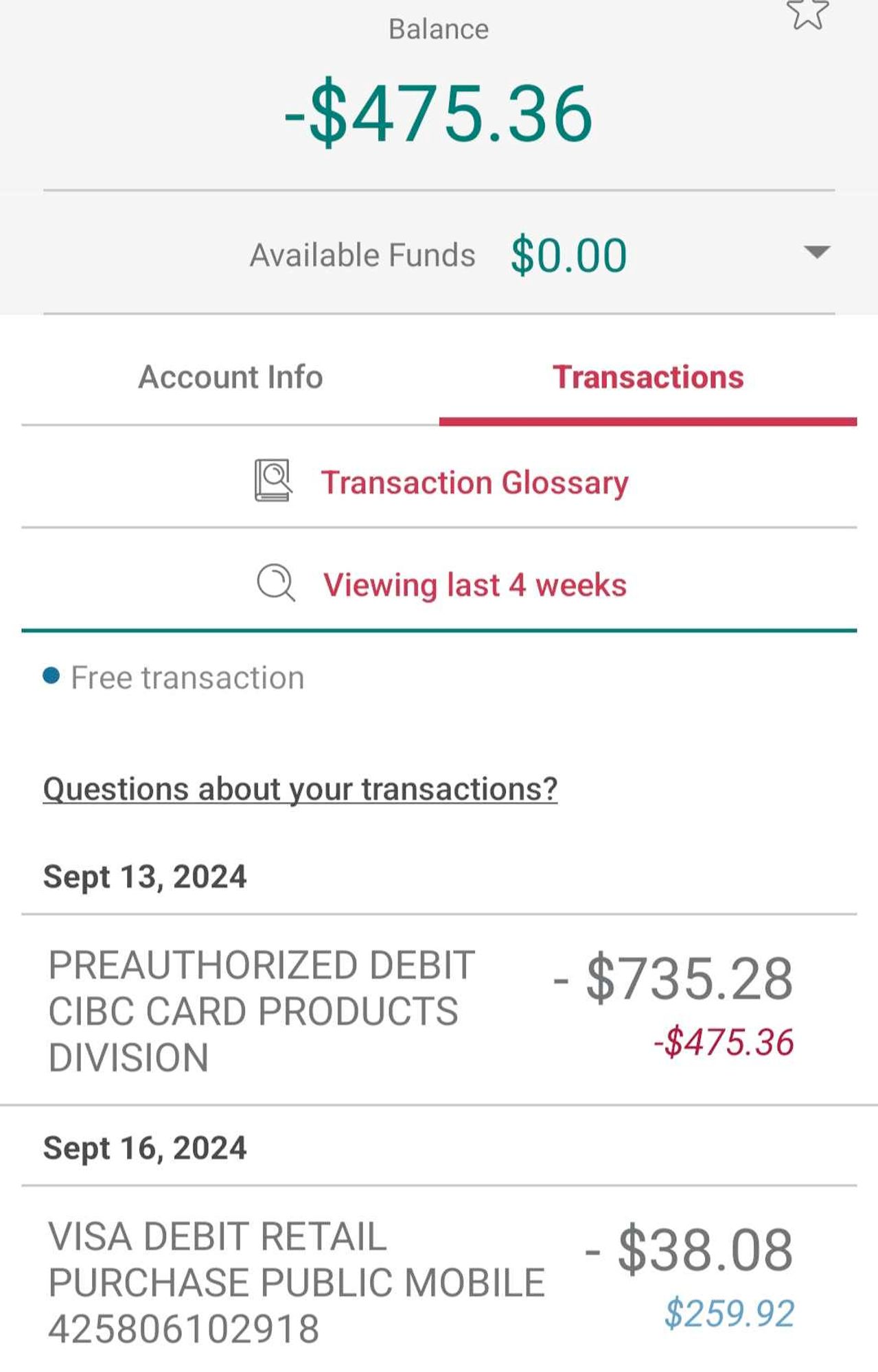 Screenshot of bank transactions and account balance, reading -$475.36. With a transaction reading -$735.28